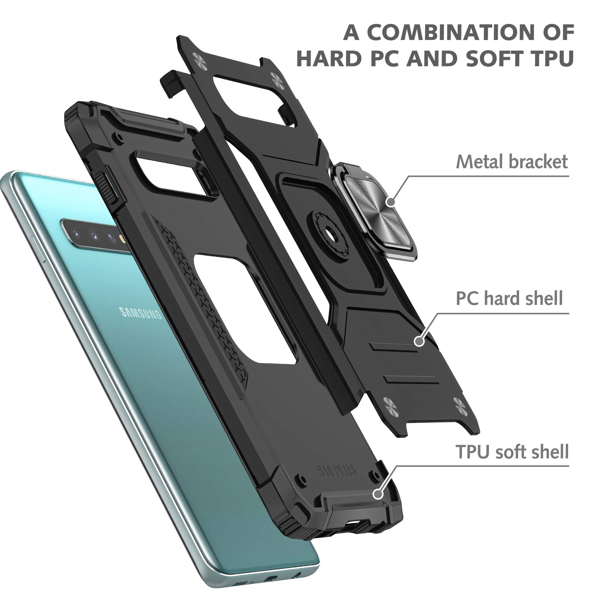 ASUWISH Samsung Galaxy S10 Plus Case with Tempered Glass Screen Protector, Ring Holder & Kickstand - Shockproof Protective Cover for Galaxy S10+ (6.4 inch) - Perfect for Work, Travel & Everyday Use (Black)