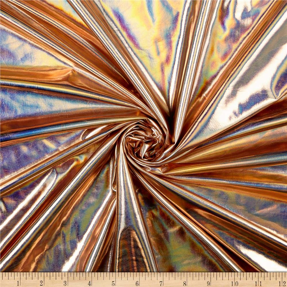 Hologram Foil Spandex Stretch Knit Rose Gold Fabric by the Yard - Metallic Stretchy Material for Dance Costumes, Swimwear, and DIY Fashion Projects