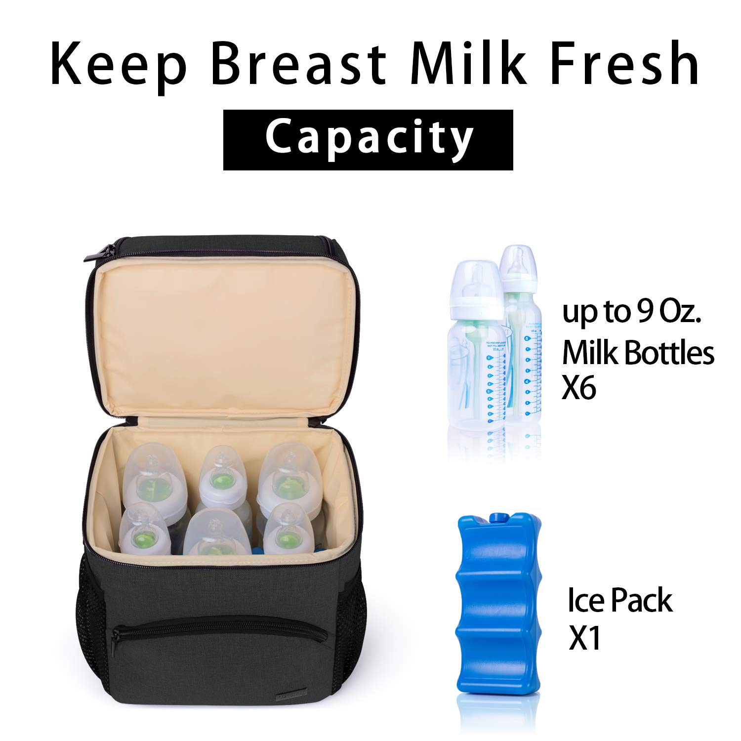 Teamoy Double Layer Insulated Breastmilk Cooler Bag with Ice Pack - Travel Baby Bottle Tote for Up to 6 Large 9oz Bottles, Black - Perfect for Daycare, Work, and On-the-Go Moms