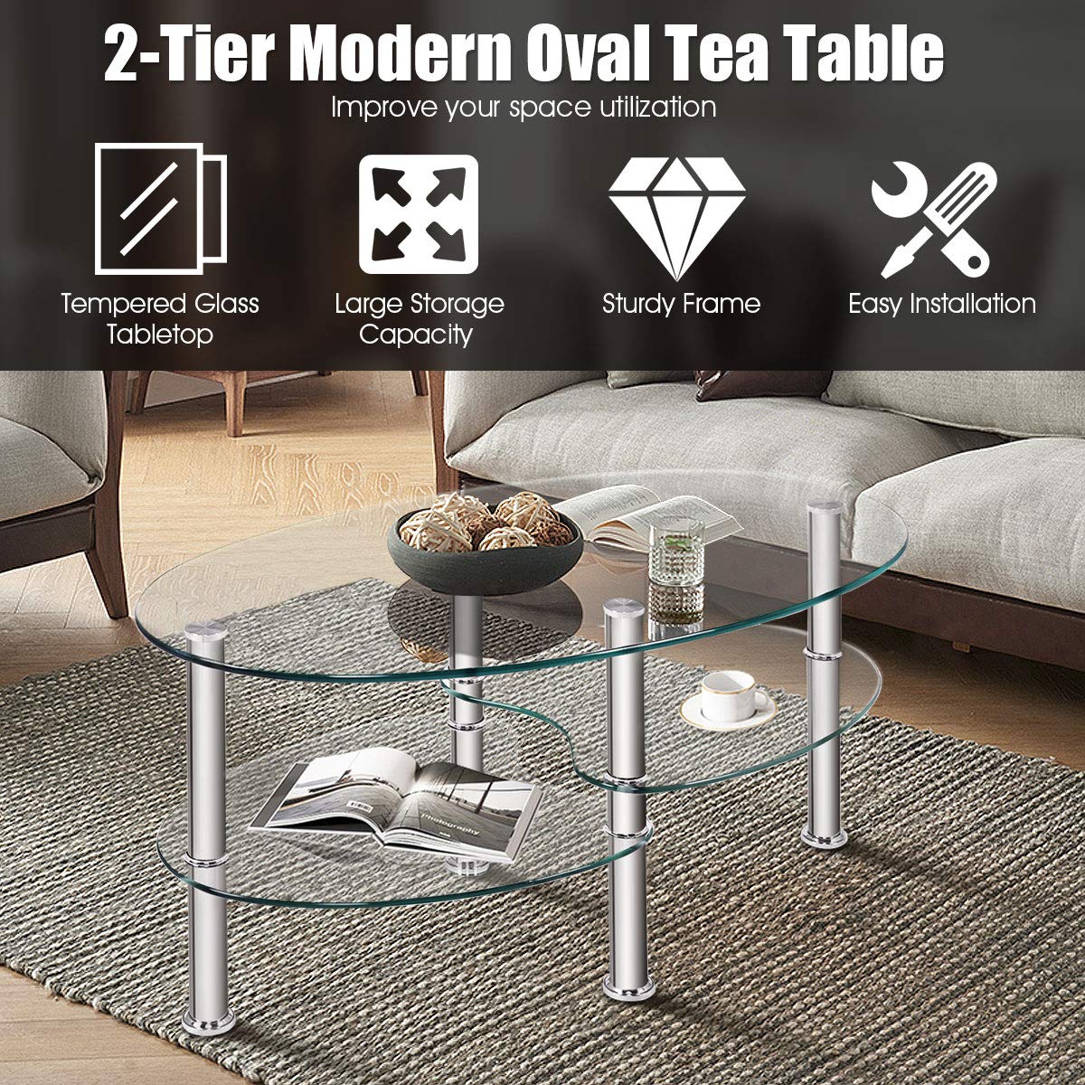Modern Oval Glass Coffee Table with Storage - POWERSTONE Stylish Center Table for Living Room, Apartment & Home Office | Perfect for Small Spaces, Entertaining Guests & Displaying Decor