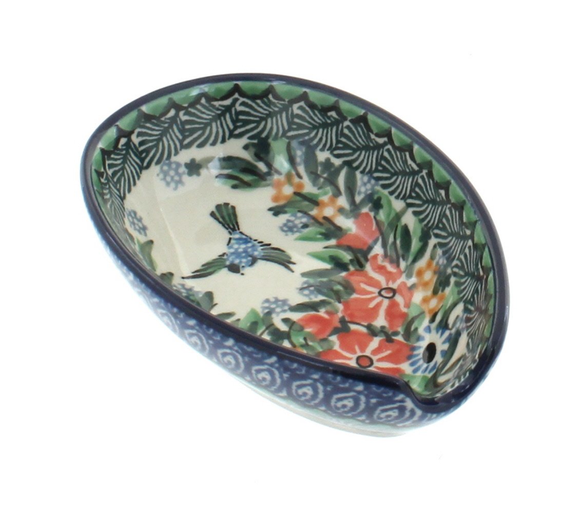 Handmade Blue Rose Polish Pottery Maria Small Spoon Rest - Authentic Ceramic Spoon Holder for Tea, Coffee, Dessert - Perfect for Kitchen, Dining Table, Gift Giving