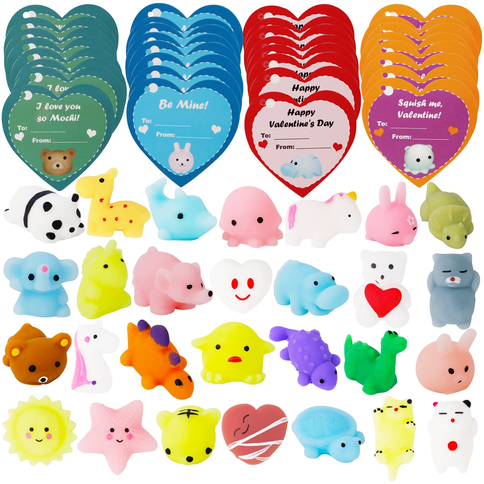 28 Pcs Mochi Squishy Toys with Valentine's Day Cards - Cute Heart-Shaped Stress Relief Gifts for Kids, Perfect for Classroom Exchange, Party Favors & Valentine's Day Celebrations