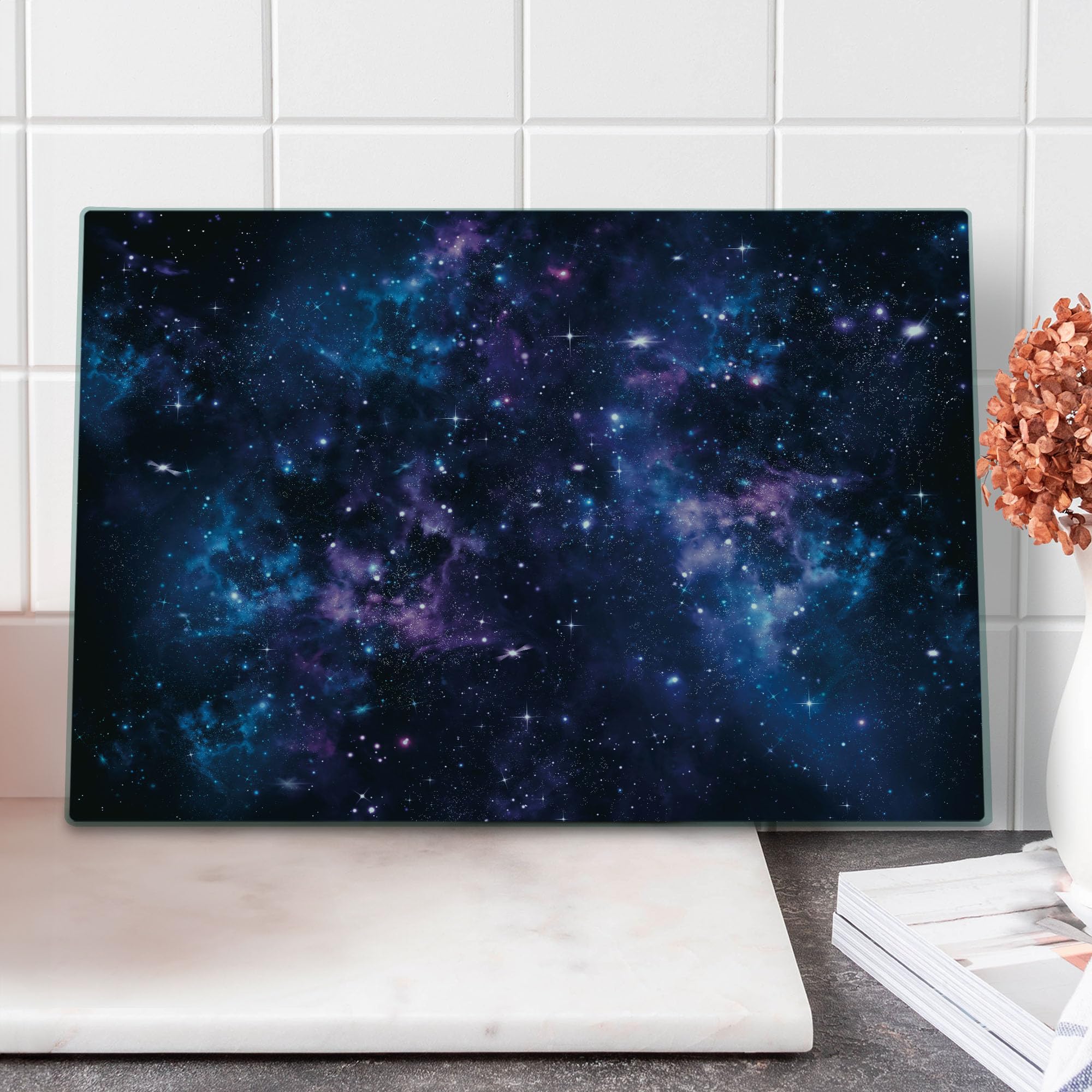 Ambesonne Space Themed Tempered Glass Cutting Board - Mystical Sky with Star Clusters, Cosmos Nebula Celestial Design - Large Decorative Serving Board for Kitchen & Dining - Dark Purple & Blue Galaxy Artwork - Perfect for Entertaining, Gift Giving & Space Enthusiasts