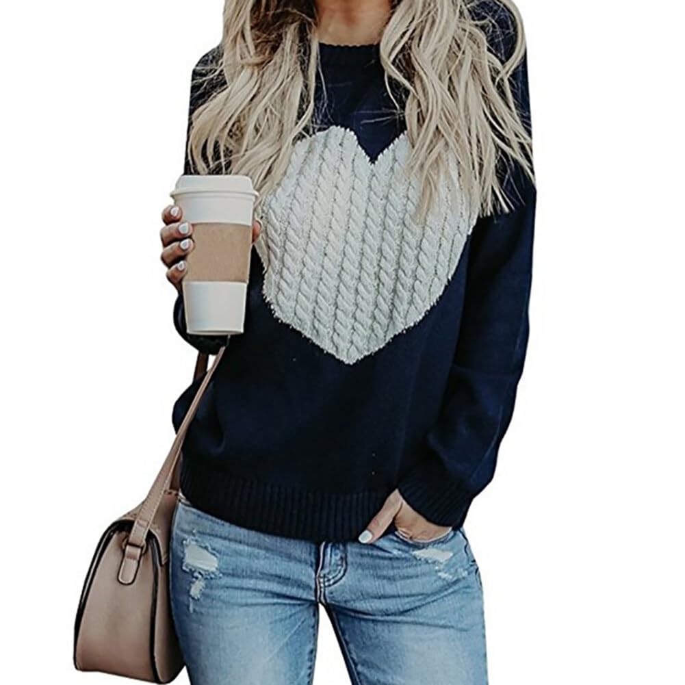 Women's Knitted Heart Design Long Sleeve Pullover Sweater - Soft Stretchy Winter Knit Top Shirt - Navy Blue, Large - Perfect for Casual Wear, Date Nights & Holiday Outfits