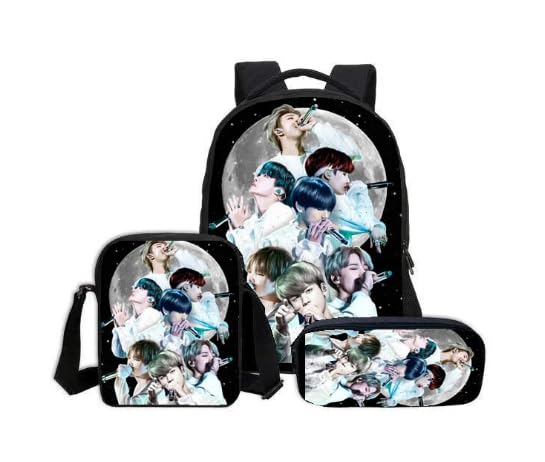 BTS Themed Casual Backpack for School, College & Office - 3-Size Combo with Lunch Box & Pencil Pouch (Black) | Perfect for Students, Work & Daily Use
