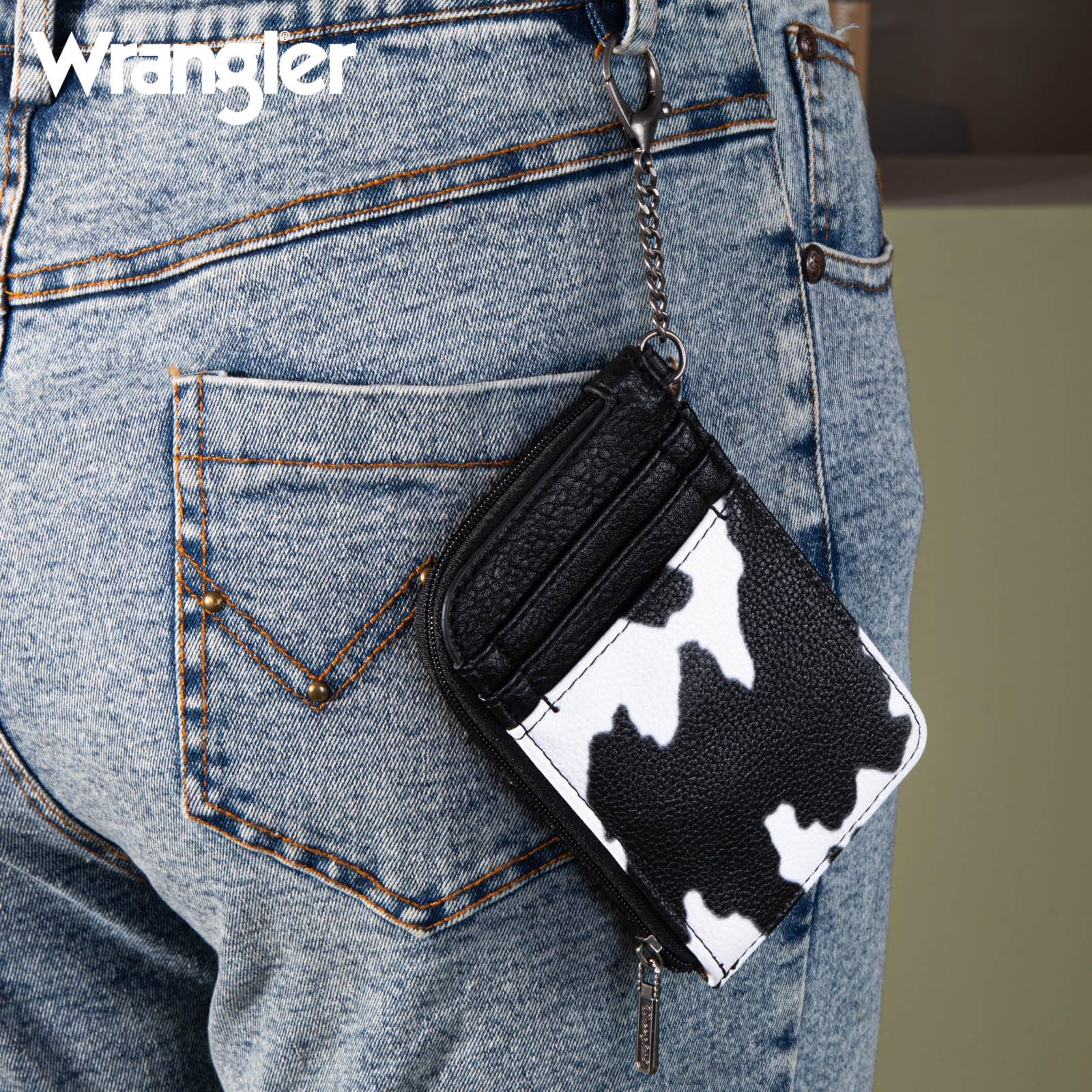 Wrangler Black Cow Print Western Style Women's Slim Wallet - Small Credit Card Holder with Zipper Pocket, Minimalist Keychain Wallet for Everyday Use, Travel & Shopping