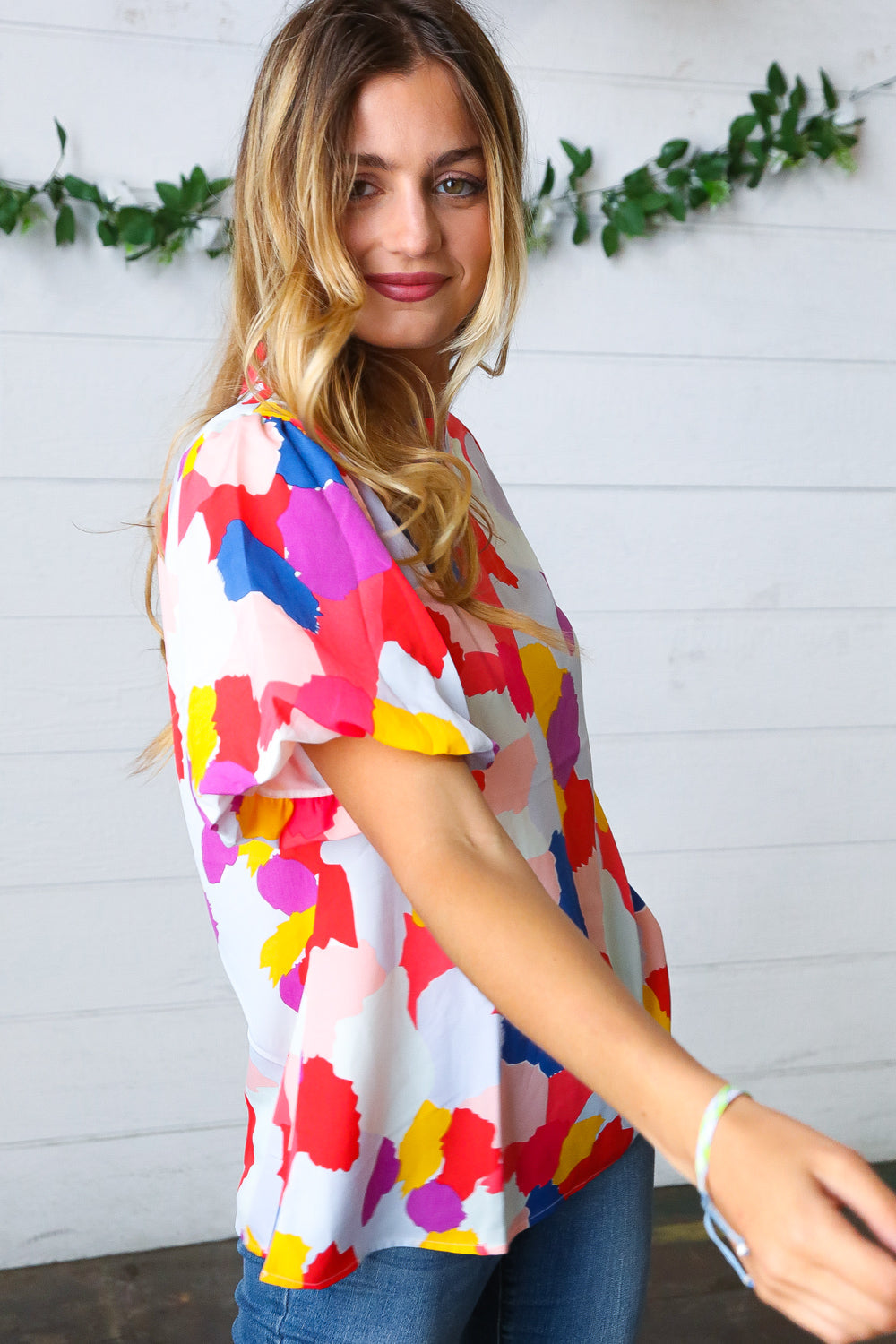 Stylish Multicolor Print Frilled Mock Neck Puff Sleeve Blouse for Women | Trendy Party & Date Night Outfit | Casual & Dressy Tops for Spring Summer Fashion