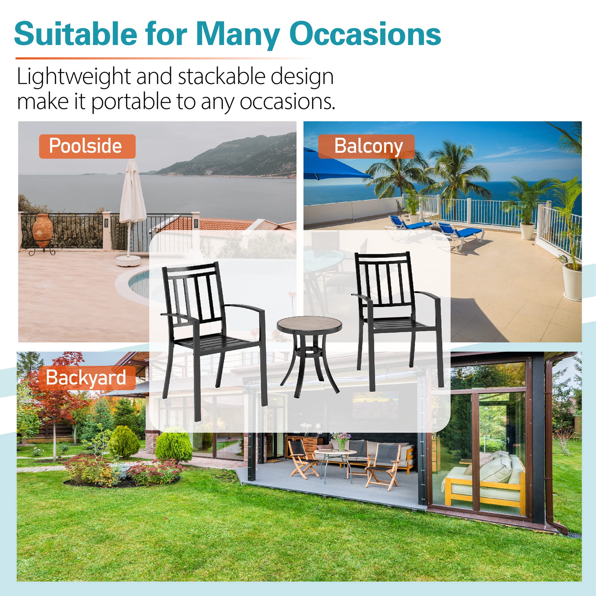 Sophia & William 3-Piece Patio Bistro Set - 2 Stackable Metal Chairs & Round Side Table - Outdoor Furniture for Backyard, Balcony, Garden & Indoor Use - Perfect for Relaxing, Entertaining & Small Space Dining