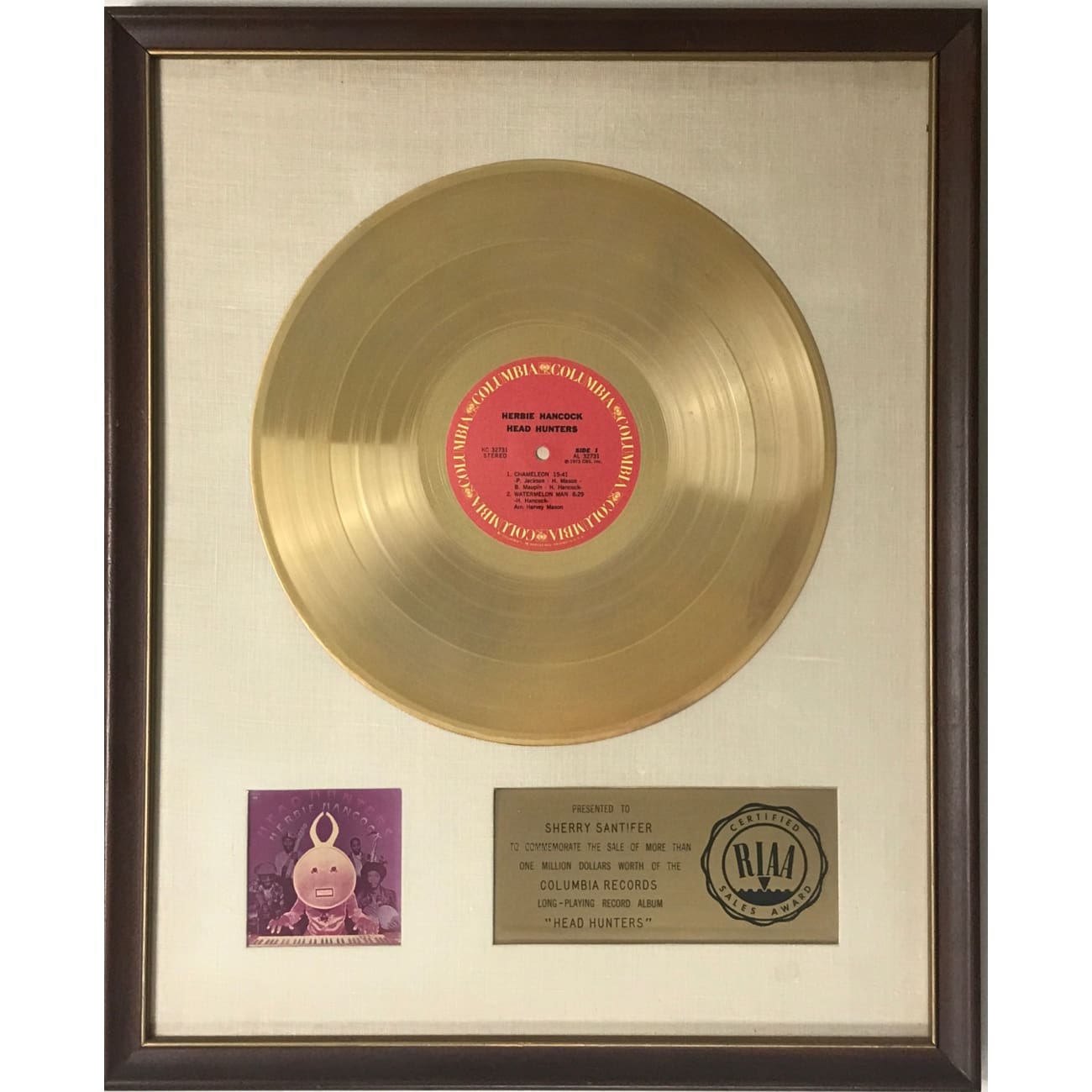 Herbie Hancock Head Hunters RIAA Gold LP Award - Rare Vinyl Record for Collectors & Music Enthusiasts - Perfect for Jazz Lovers & Vintage Music Display