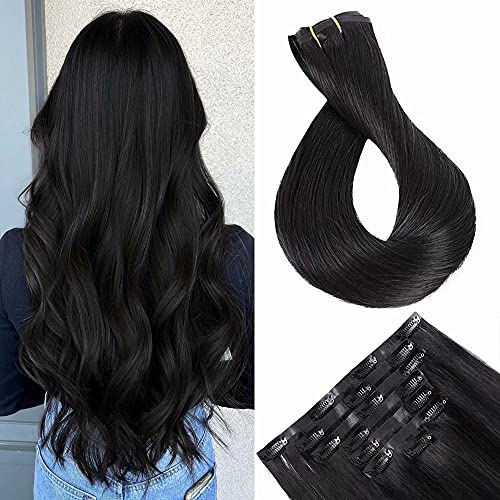Maxfull Black Seamless Clip-In Human Hair Extensions - 7PCS 20Inch 115g Invisible PU Remy Hair with Silicone Base for Natural Look | Perfect for Daily Styling, Parties & Special Occasions