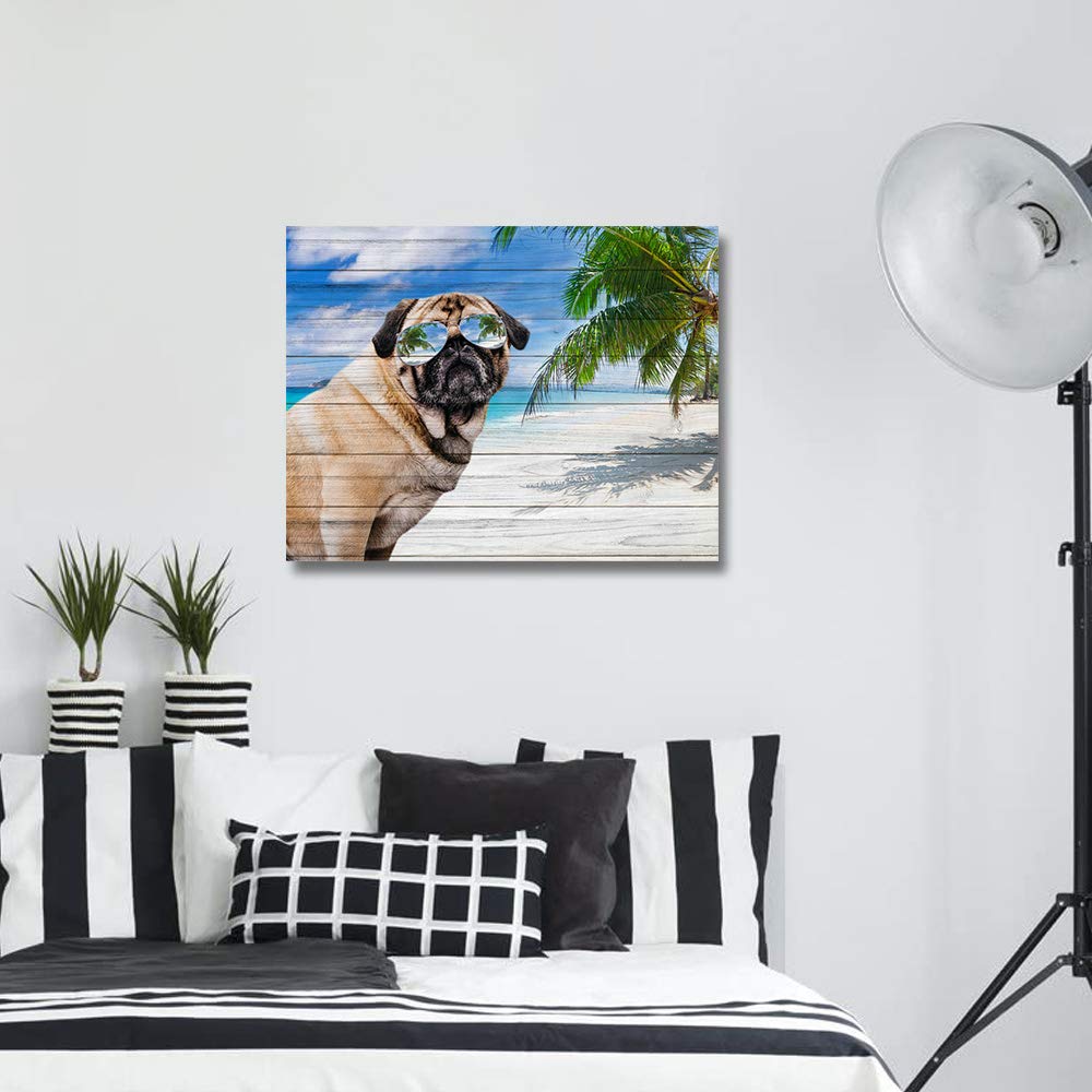 Chucoco Cool Pug Dog with Sunglasses Canvas Wall Art - Summer Beach Painting on Stretched Framed Canvas - Ready to Hang Home Decor - Perfect for Living Room, Bedroom & Office Wall Decor