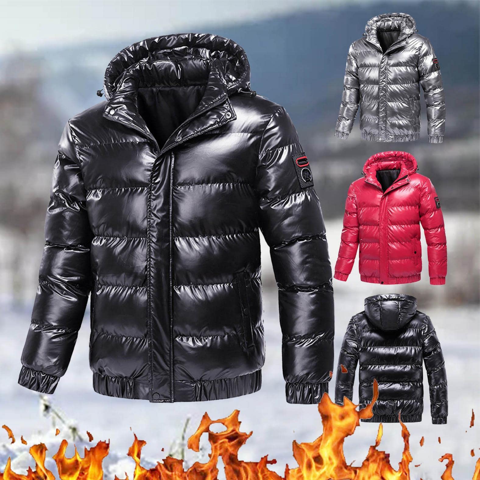 Men's Winter Puffer Jacket - Thick Warm Shiny Bubble Coat with Detachable Hood, Waterproof Down Jacket for Outdoor Activities, Skiing & Cold Weather Protection