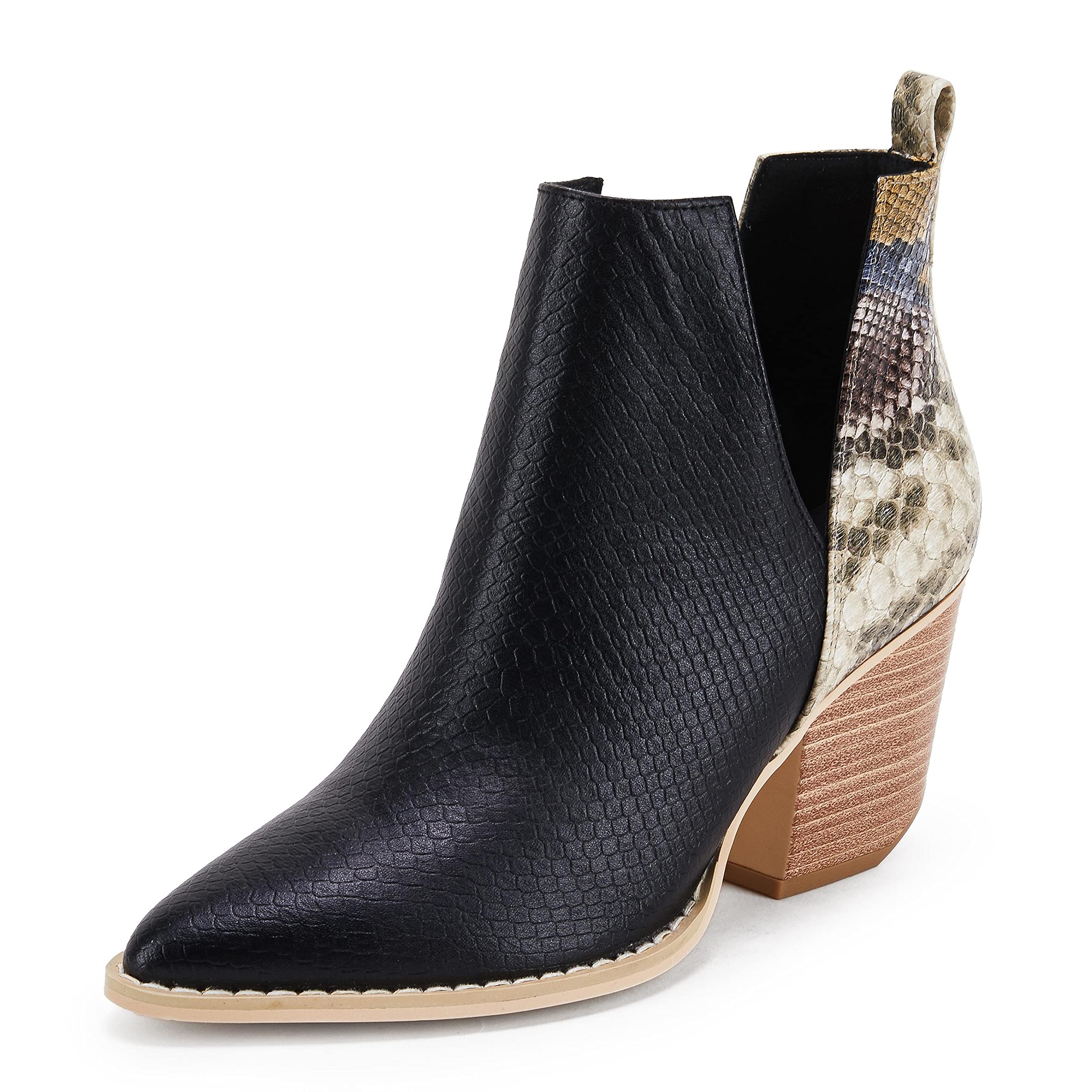 Women's Slip-On Ankle Boots with Cutout Design, Pointed Toe & Chunky Stacked Mid Heel - Stylish Snakeskin Booties for Work, Party & Casual Outfits
