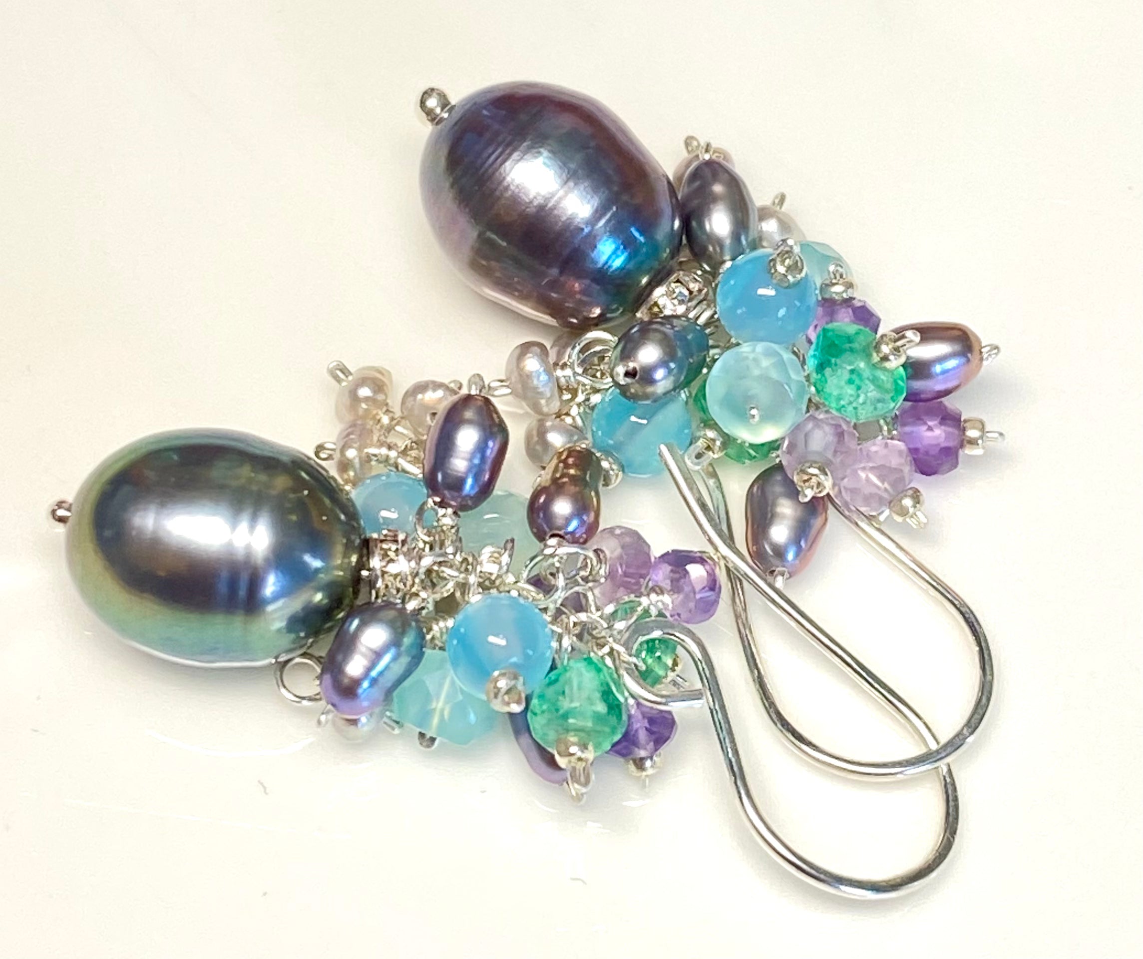 Peacock Pearl & Amethyst Blue Aqua Chalcedony Cluster Waterfall Earrings | Elegant Dangle Jewelry for Women | Perfect for Weddings, Parties & Special Occasions