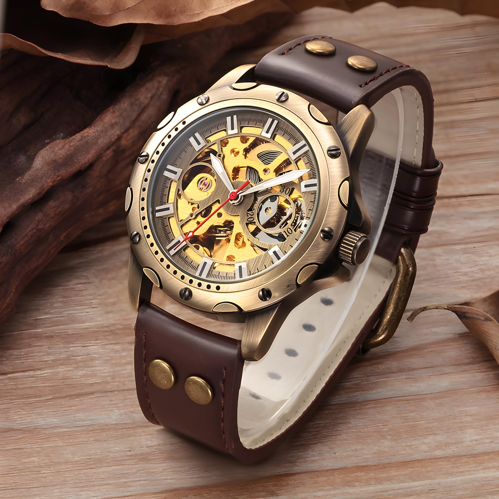 Steampunk Vintage Bronze Automatic Watch for Men - Genuine Leather Strap CH523 | Perfect for Cosplay, Gothic Fashion & Retro Style Outfits