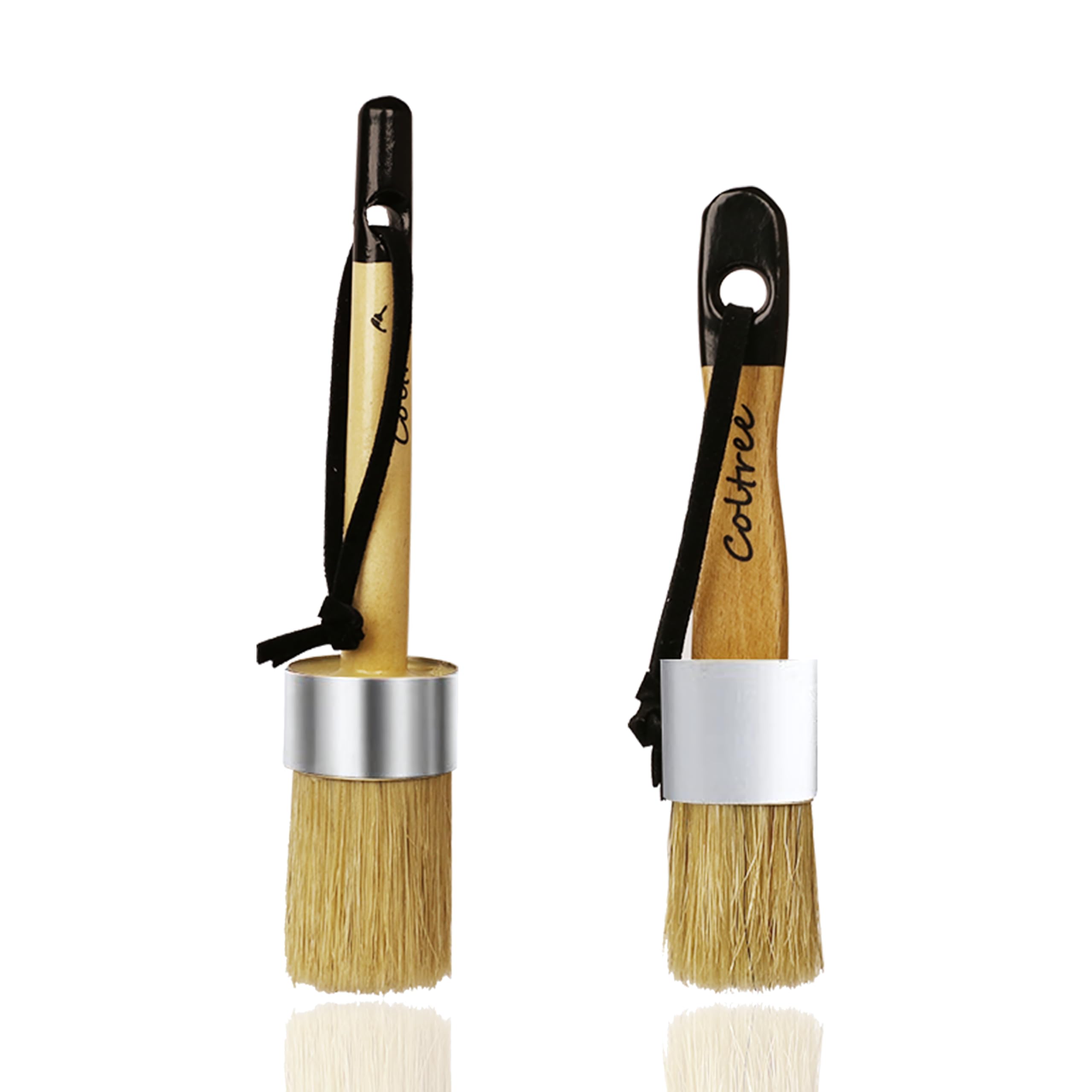 2-Piece Boar Hair Bristle Paint Brushes Set - Round & Flat Chalk & Wax Paint Brushes for Furniture - Perfect for DIY Home Decor, Antique Restoration & Craft Projects