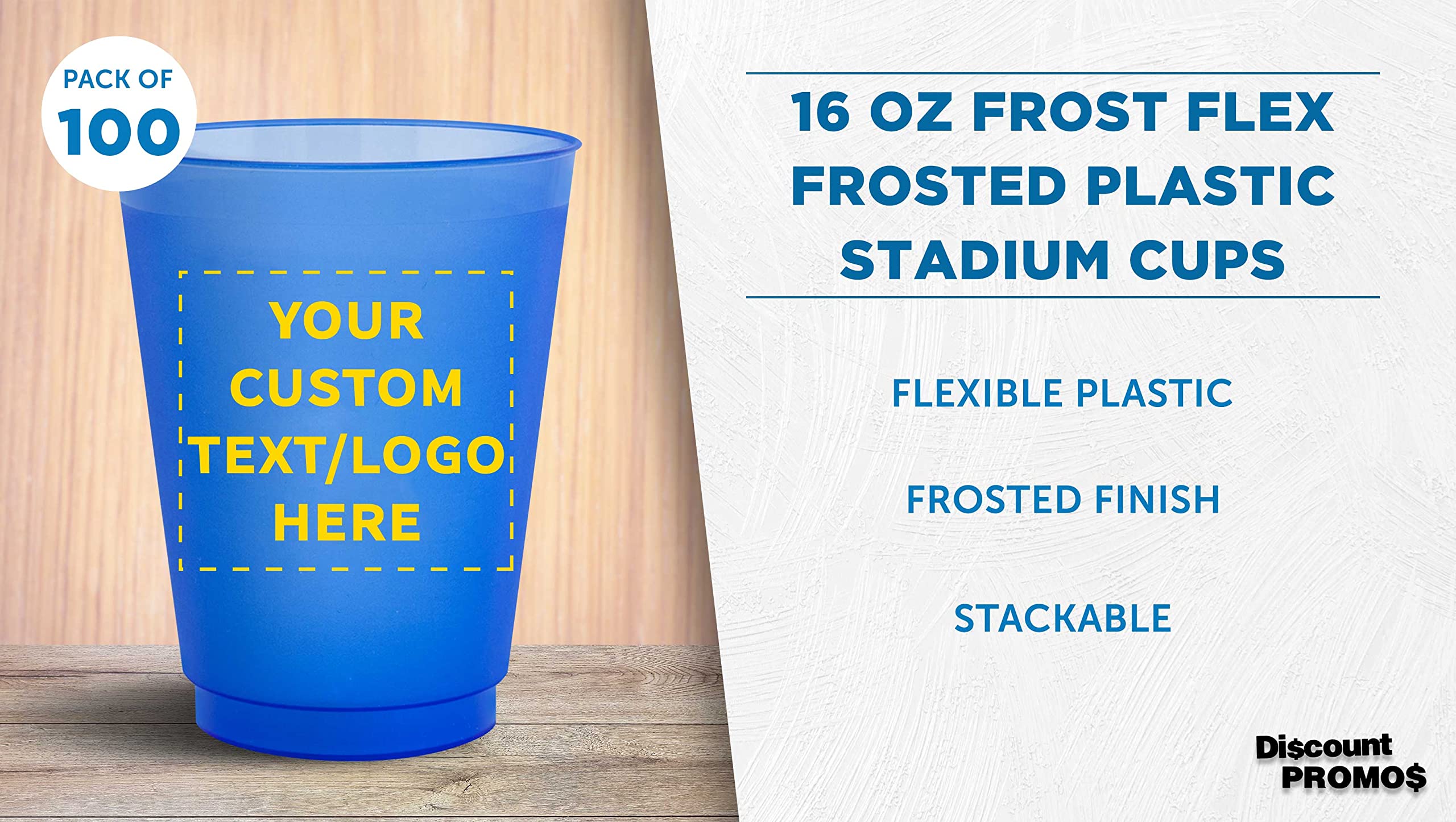 Custom Printed 16 oz Shatterproof Stadium Cups - 100 Pack Bulk Reusable Plastic Party Cups with Promotional Text & Logo - Perfect for Sports Events, Tailgating, and Outdoor Parties (Blue)