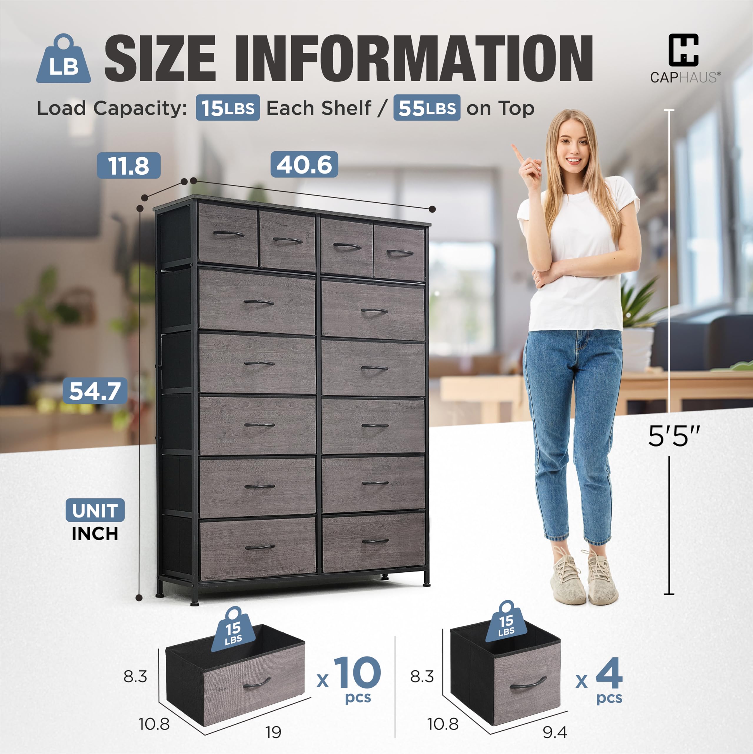 CAPHAUS 14-Bin Fabric Drawer Storage Tower with P2 Board Top - Laundry Organizer, Clothes Sorter, Multi-Purpose Chest of Drawers for Bedroom, Hallway, Office - Grey Oak Storage Solution for Home Organization