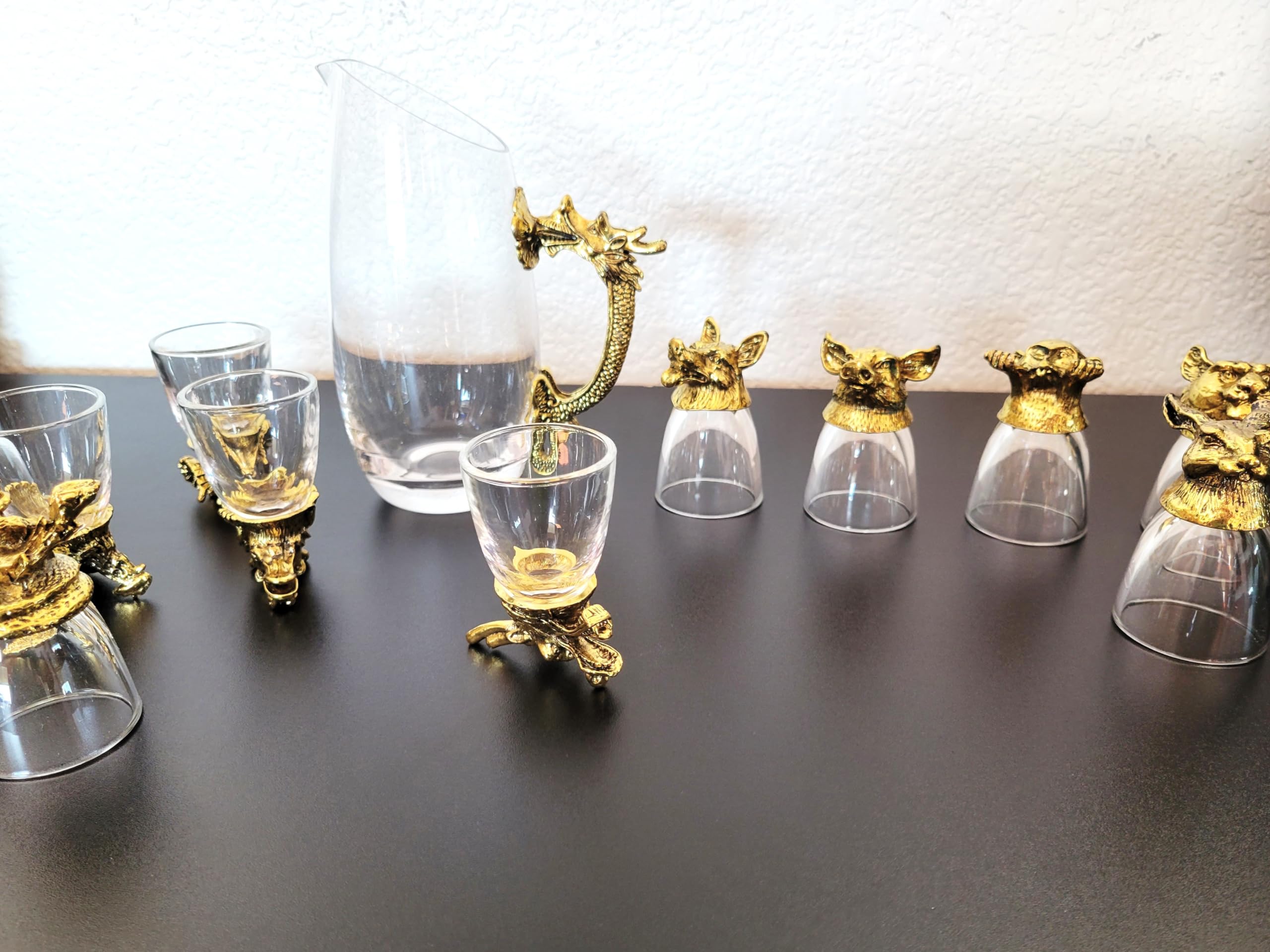 Chinese Zodiac Glass Set - 12 Glasses & Pitcher with Antique Gold Design, Traditional Asian Drinkware Collection for Home Bar, Wedding Gifts & Chinese New Year Celebrations