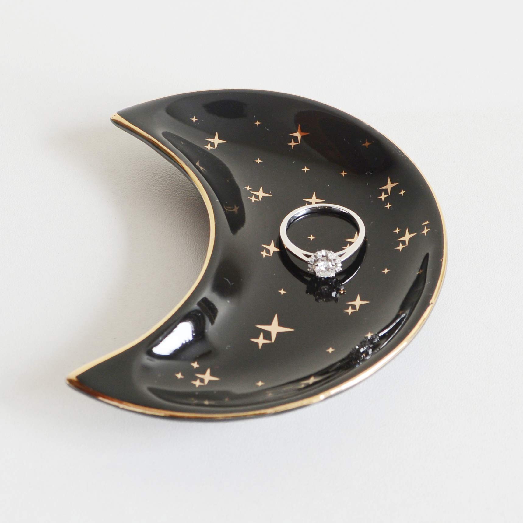 Black Ceramic Jewelry Dish - Moon Trinket Tray for Vanity & Decor