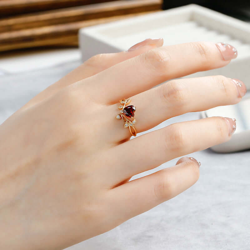 Red Garnet Heart Shaped Olive Branch Spiral Ring - Dainty Bohemian Jewelry for Women | Perfect for Valentine's Day, Anniversary Gifts & Boho Fashion Accessories