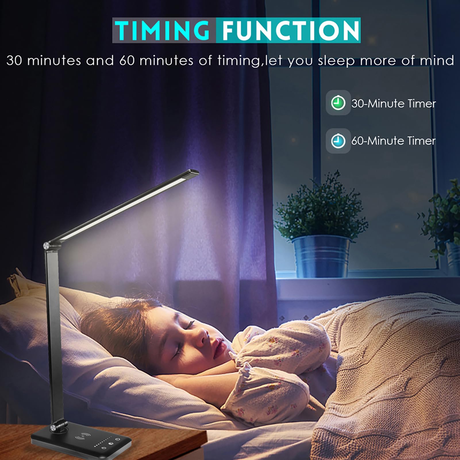 BIENSER LED Desk Lamp with Wireless Charger & USB Port - 10 Brightness Levels, 5 Color Modes, Dimmable Eye-Caring Light - Touch Control & Auto Timer (30/60min) - Perfect for Home Office, Study, Reading, and Nightstand Use