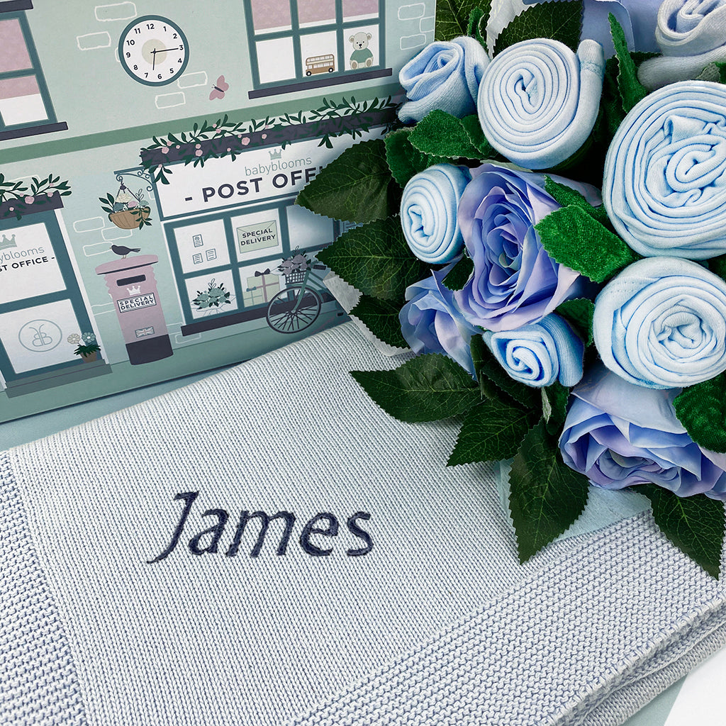 Luxury Rose Baby Clothes Bouquet & Personalized Baby Blanket - Blue | Newborn Gift Set for Baby Shower, Christening & Photography Props