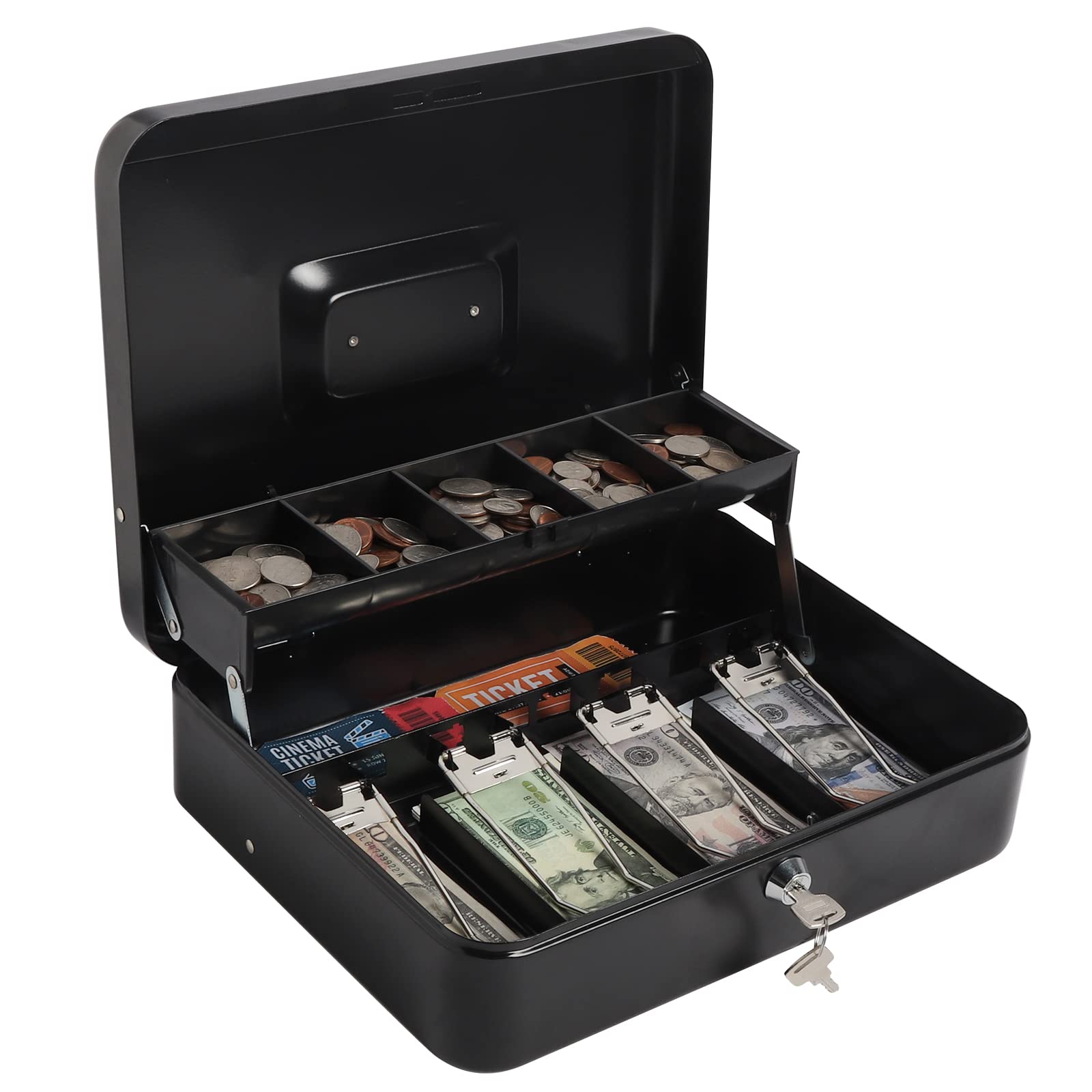 Kasten Large Black Metal Cash Box with Money Tray & Key Lock - 11.8