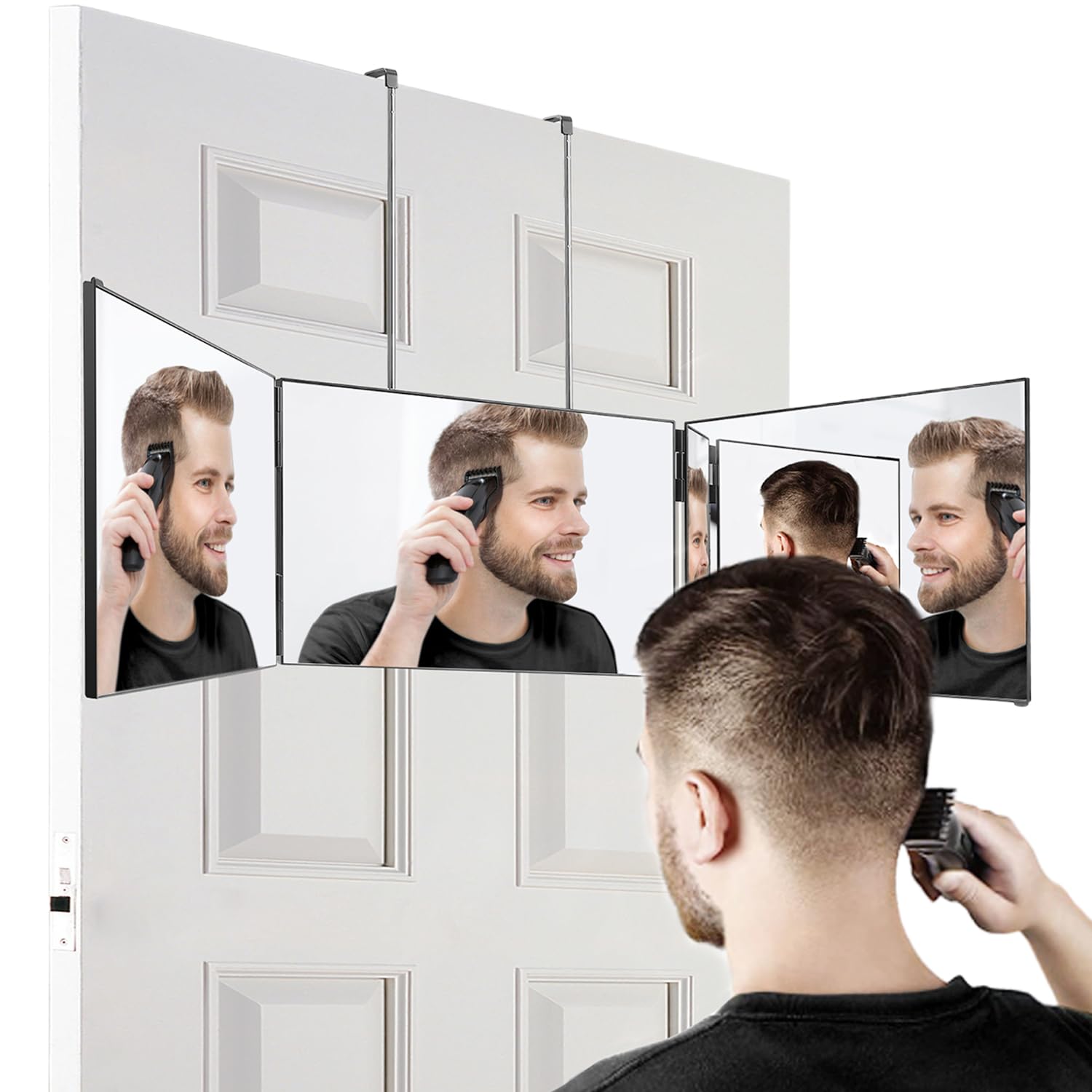 Vanexiss 3-Way Adjustable Foldable Mirror - 360° Rotating Self Haircut Mirror with Retractable Hook for DIY Haircut, Hair Coloring, Braiding, Shaving & Makeup - Perfect for Home Salon, Bathroom & Travel Use