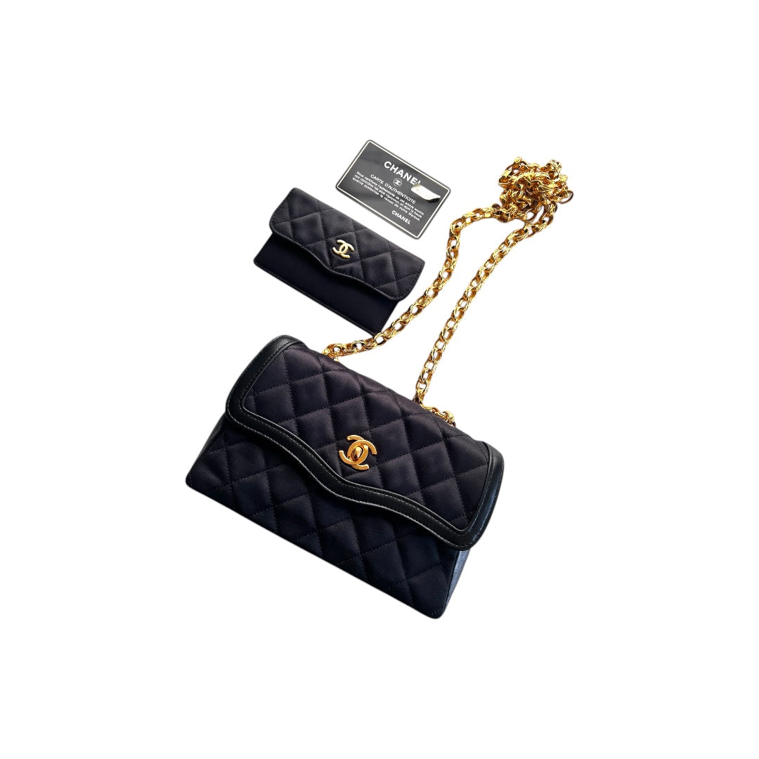 Vintage Chanel Satin & Leather Flap Bag with Card Holder - Luxury Designer Crossbody Purse for Women, Perfect for Evening Parties & Special Occasions
