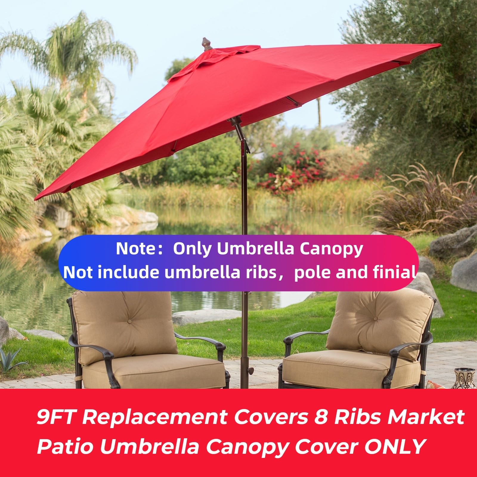 9ft Replacement Canopy for Patio Umbrella - Outdoor Table Market Yard Umbrella Top with 8 Ribs | Perfect for Backyard, Poolside, and Outdoor Dining Areas