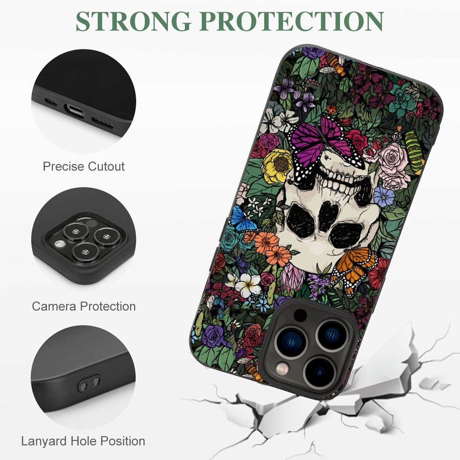 YASHILAIYA iPhone 13 Pro Max Case for Women - Skull with Butterflies & Flowers Design, Slim Soft TPU Shockproof Protective Cover (6.7