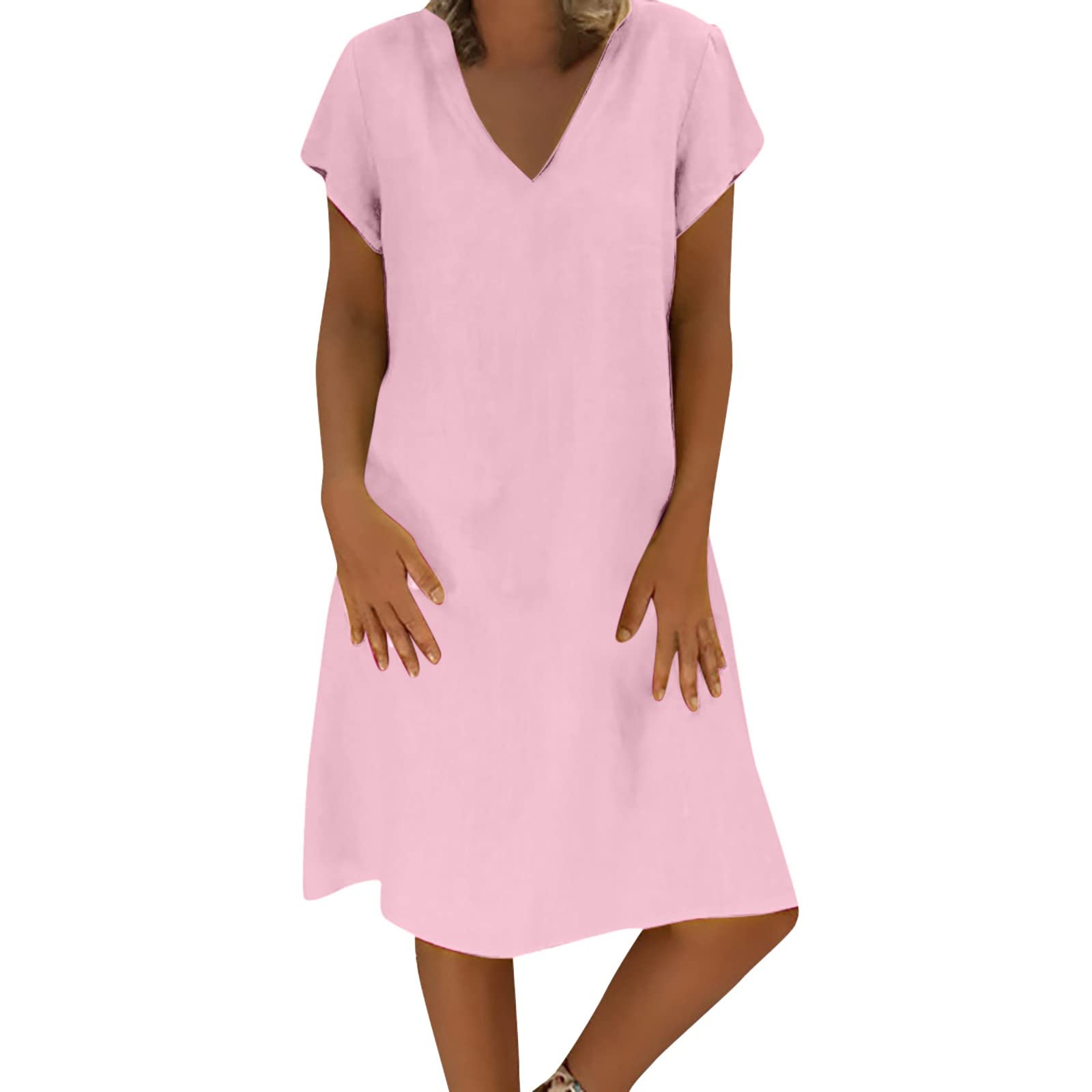 Women's Pink Relaxed Fit Terry Cotton Short Sleeve V-Neck Dress - Casual Summer Outfit for Beach, Brunch & Everyday Wear