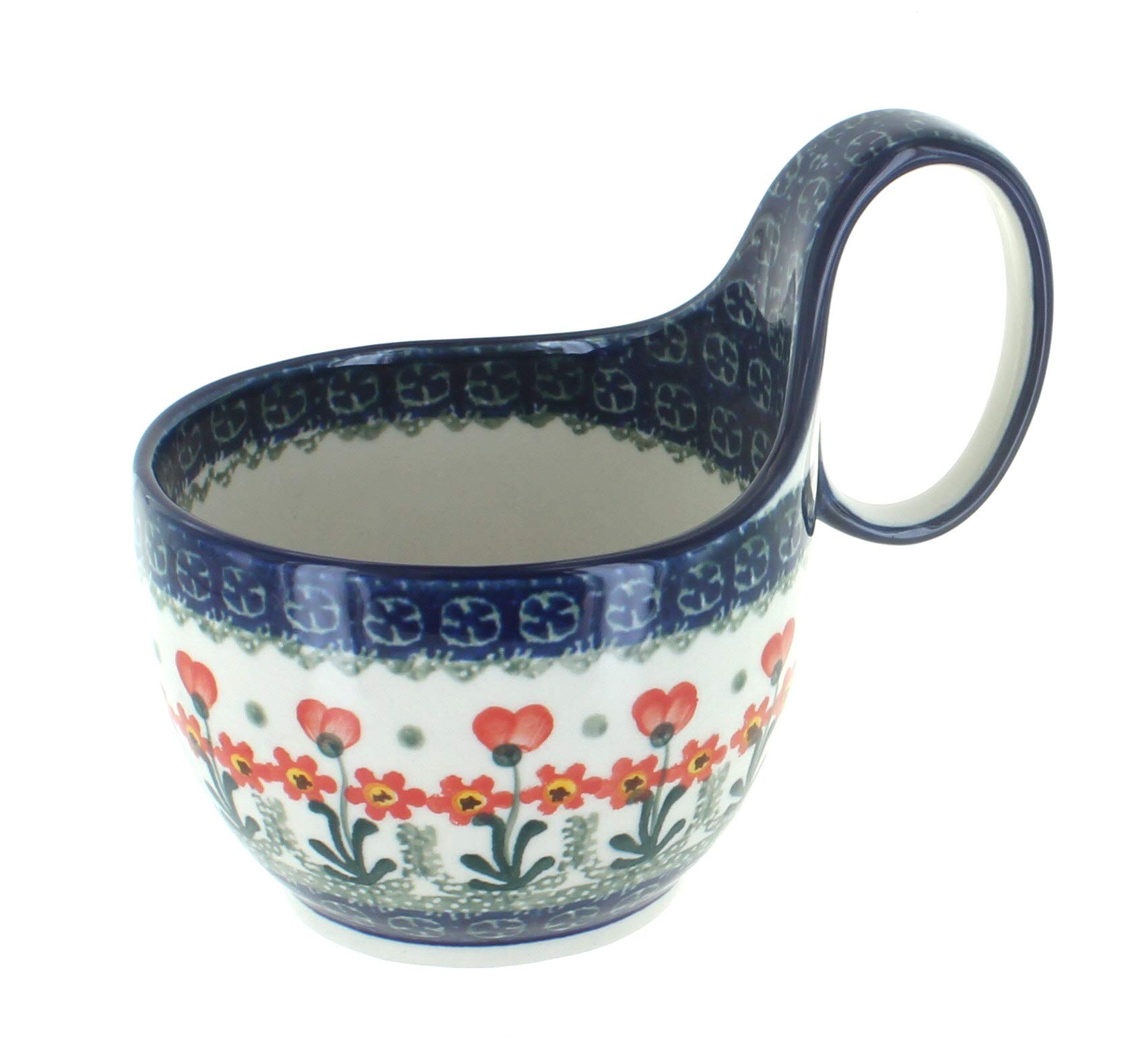 Handmade Blue Rose Polish Pottery Peach Posy Soup Mug - Vintage Floral Ceramic Tea Cup for Coffee, Soup & Dessert - Perfect for Cozy Breakfast, Afternoon Tea & Gift Giving