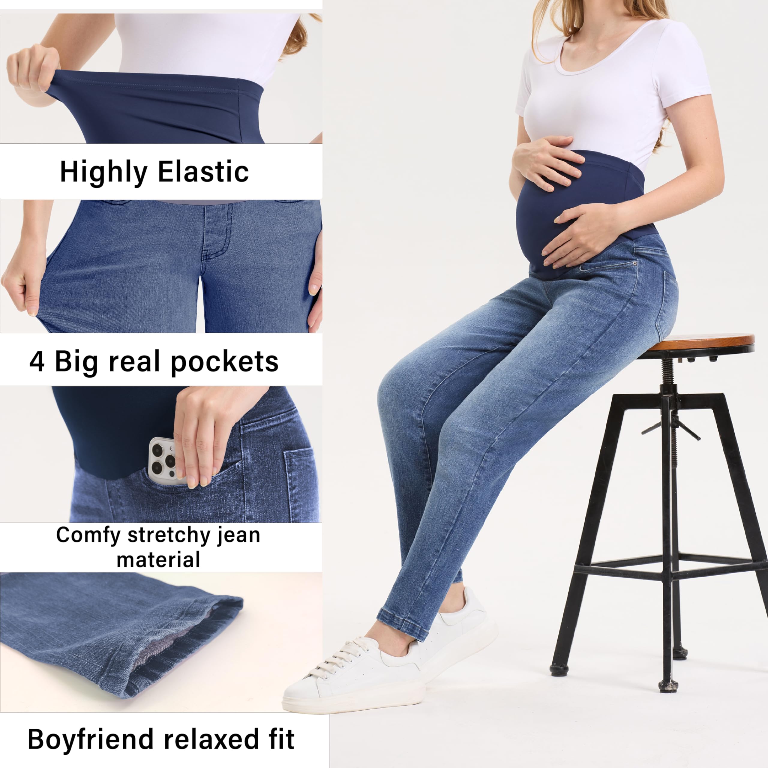 Stylish Women's Maternity Boyfriend Jeans - Over Belly Stretch Denim Pregnancy Pants for Comfort & Fashion | Perfect for Casual Outings, Work & Everyday Wear