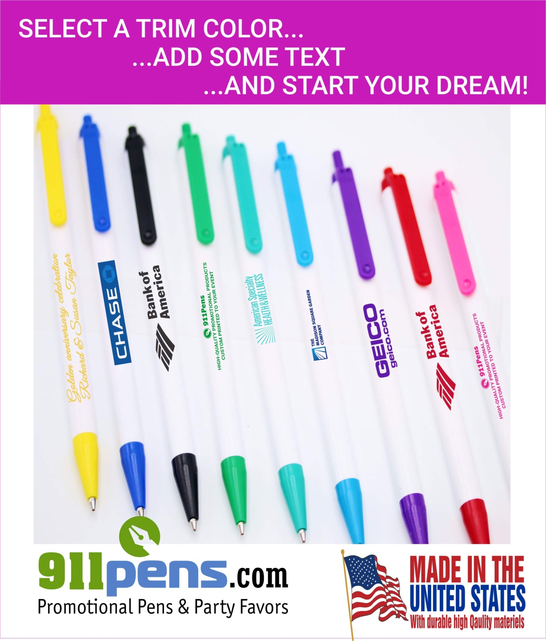 911PENS USA Made Custom Ballpoint Pens - Personalized with Your Logo & Text - Bulk Pack of 500 White Pens with Medium Green Trim - Perfect for Corporate Gifts, Promotional Events & Office Supplies