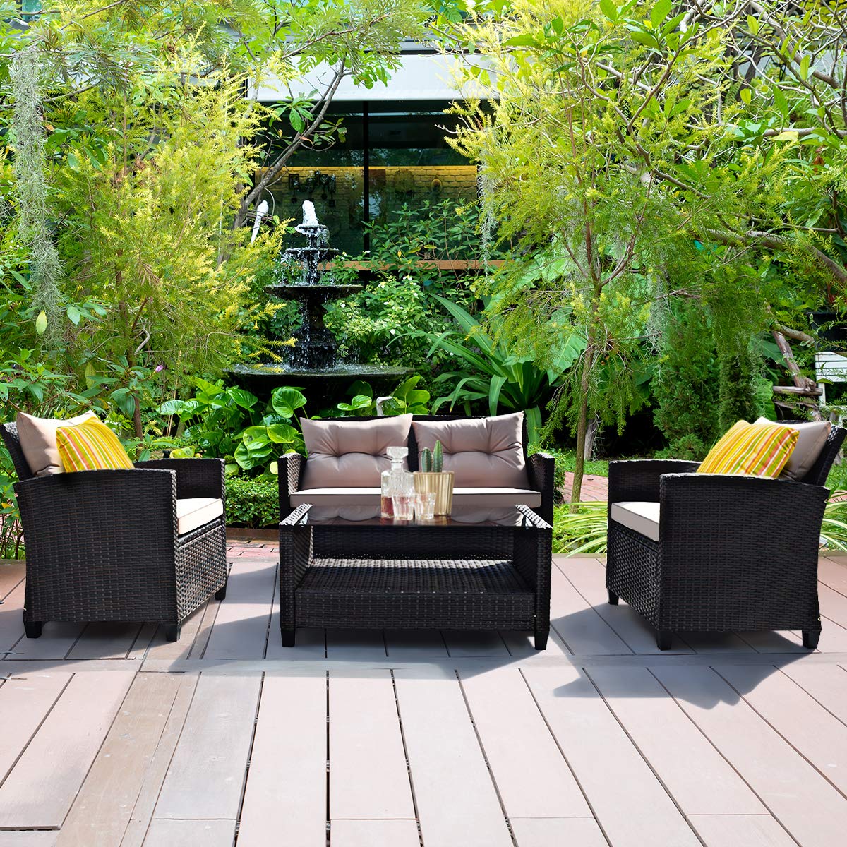 HAPPYGRILL 4-Piece Rattan Wicker Patio Conversation Set with Loveseat, 2 Chairs & Coffee Table - Outdoor Indoor Furniture for Backyard, Porch, Garden, Poolside, Balcony - Perfect for Relaxing, Entertaining & Lounging