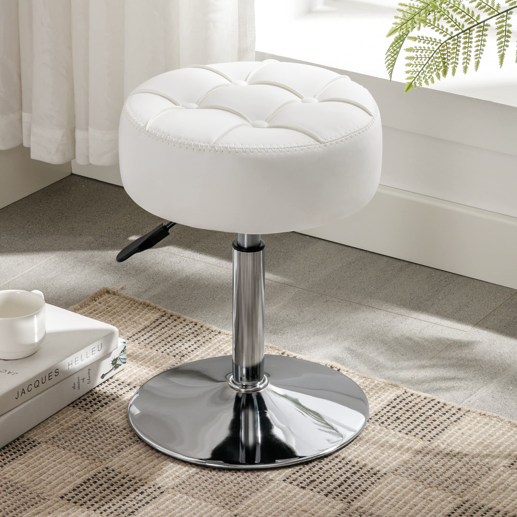 LUE BONA Adjustable Vanity Stool with 360° Swivel - White Faux Leather Makeup Chair for Bathroom, Bedroom & Living Room - Perfect for Dressing Table, Cosmetics Station and Home Decor