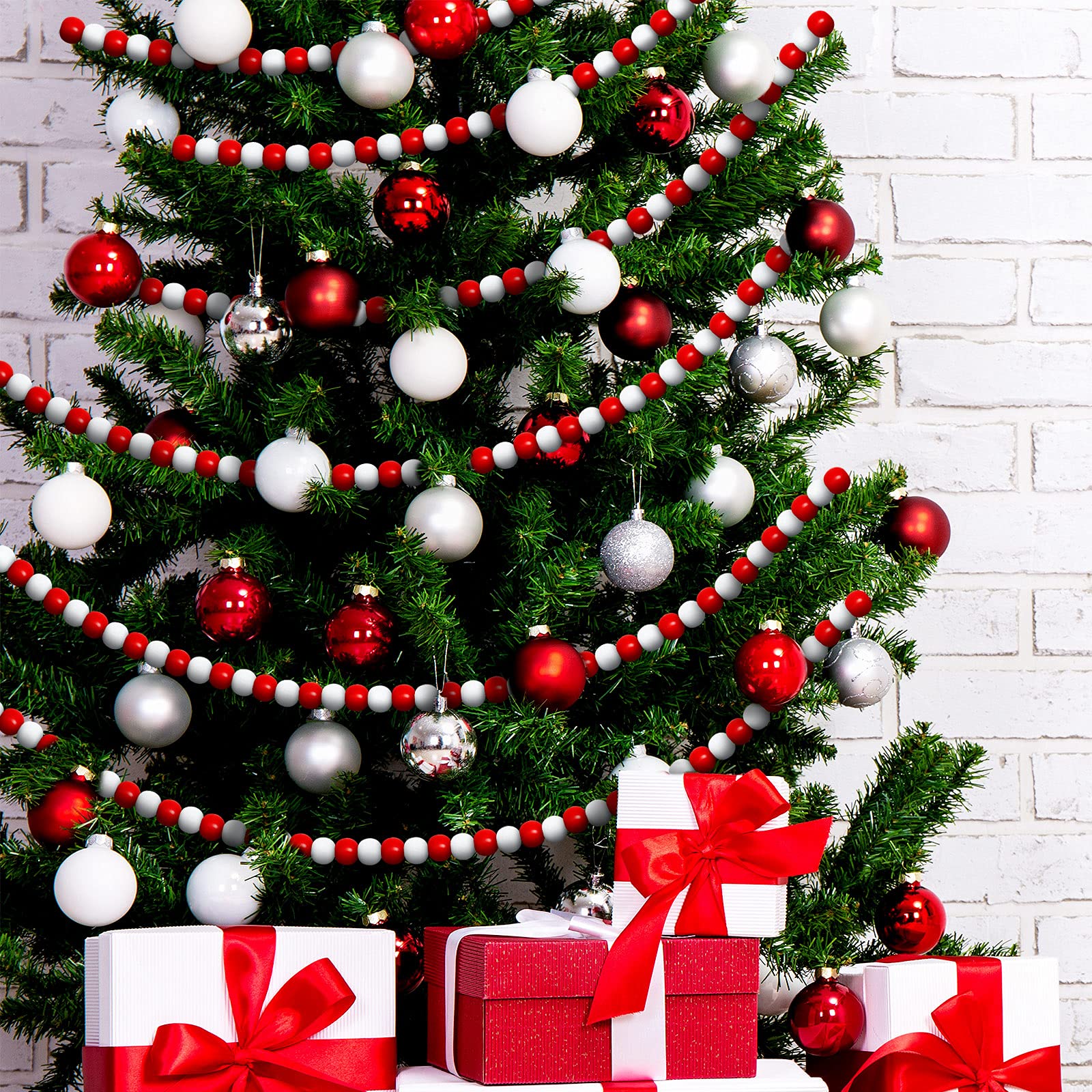 19.7 Ft Christmas Candy Bead Garland - Wooden Boho Holiday Decor for Christmas Tree, Party & Home Decoration - Mixed Red and White Beads for Festive Seasonal Celebrations