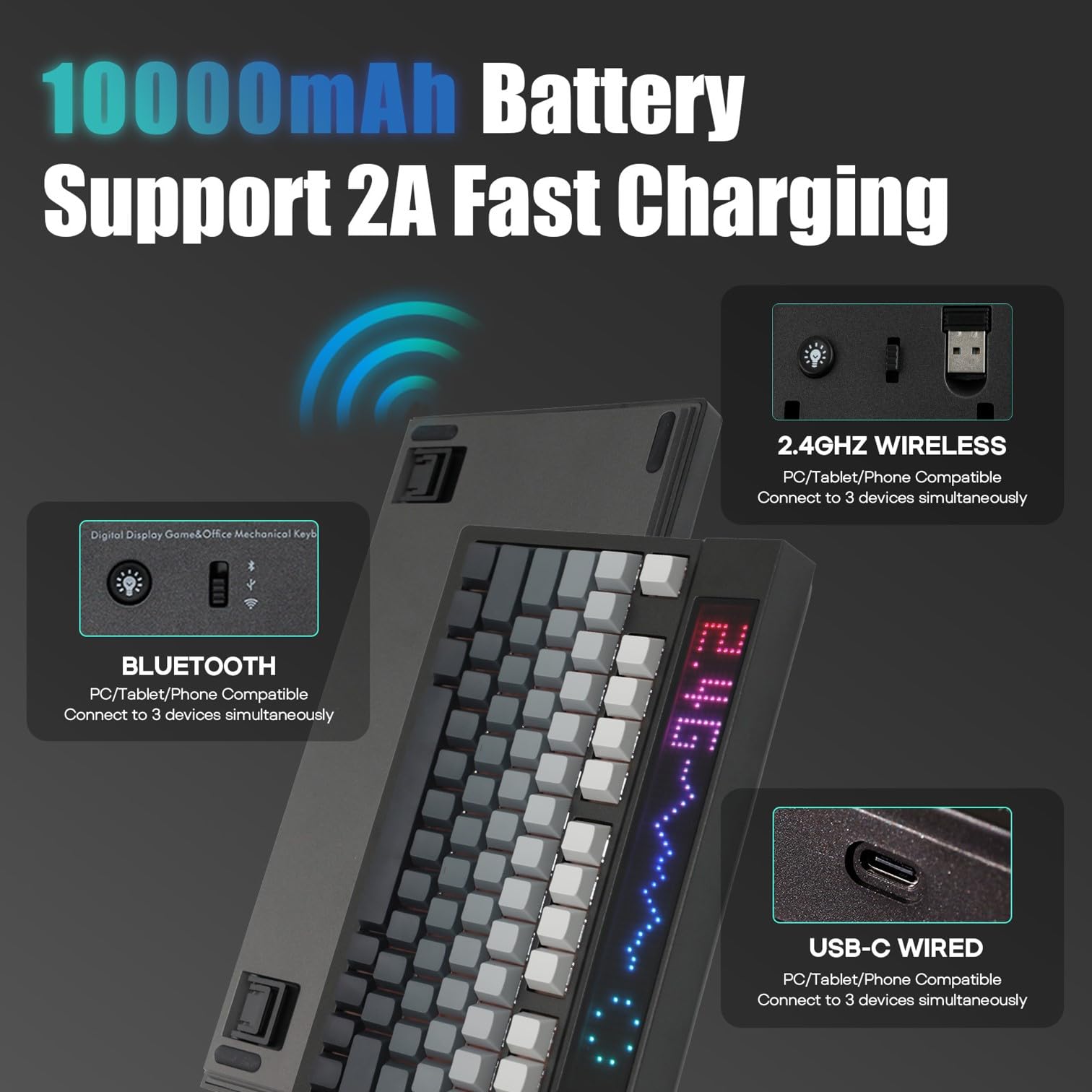 EPOMAKER DynaTab 75X Wireless Mechanical Gaming Keyboard - Custom Dot-Matrix RGB LED Screen, Gasket-Mounted Design, Bluetooth/2.4G/USB-C Connectivity (Black Grey, Flamingo Switch) - Perfect for Esports, Streaming & Office Work