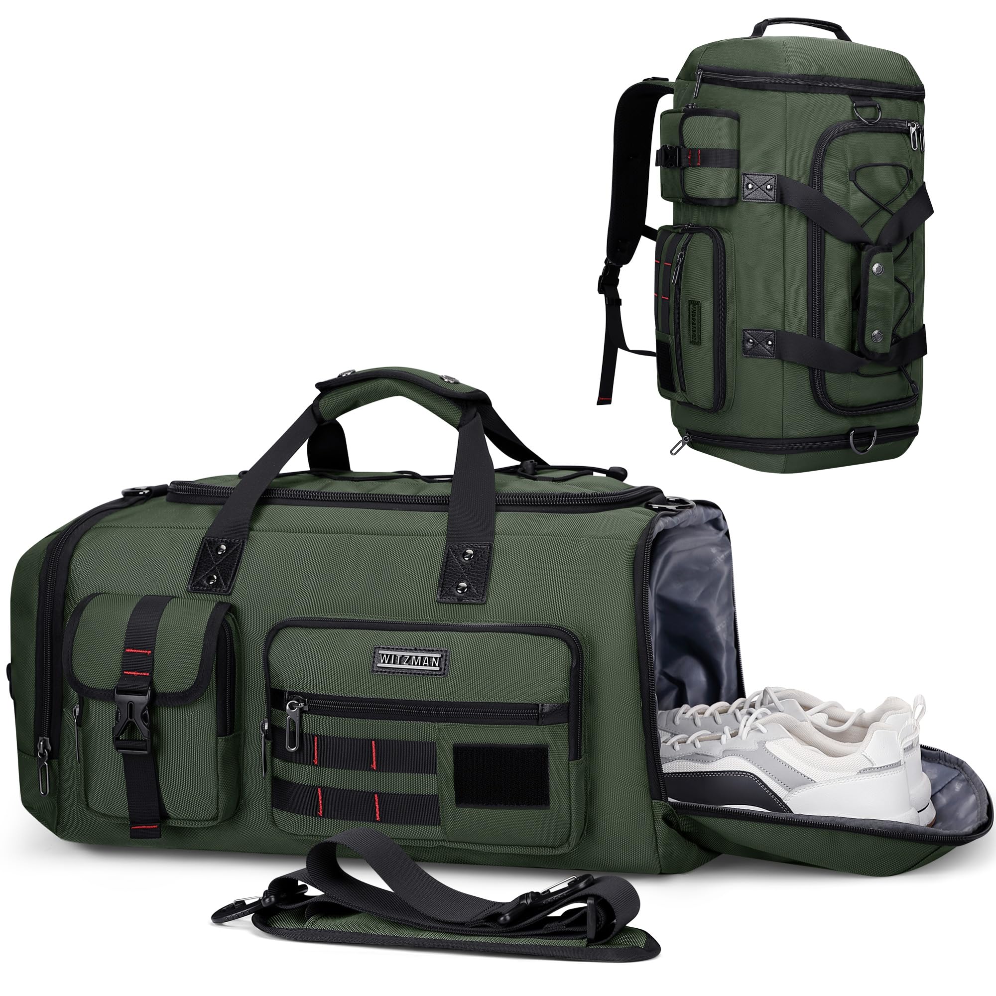 WITZMAN Men's Large Travel Duffel Bag - 3-in-1 Carry On Weekender Overnight Bag with Shoe Compartment (Army Green B693) | Perfect for Gym, Business Trips & Weekend Getaways