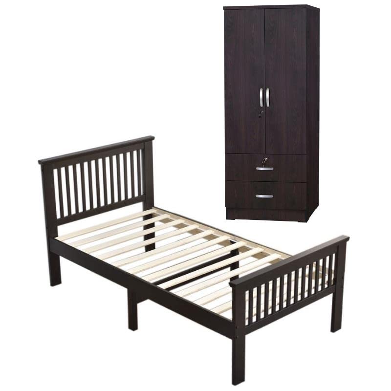 Home Square 2-Piece Bedroom Set with Wardrobe Armoire & Twin Platform Bed - Space Saving Furniture for Small Rooms & Apartments