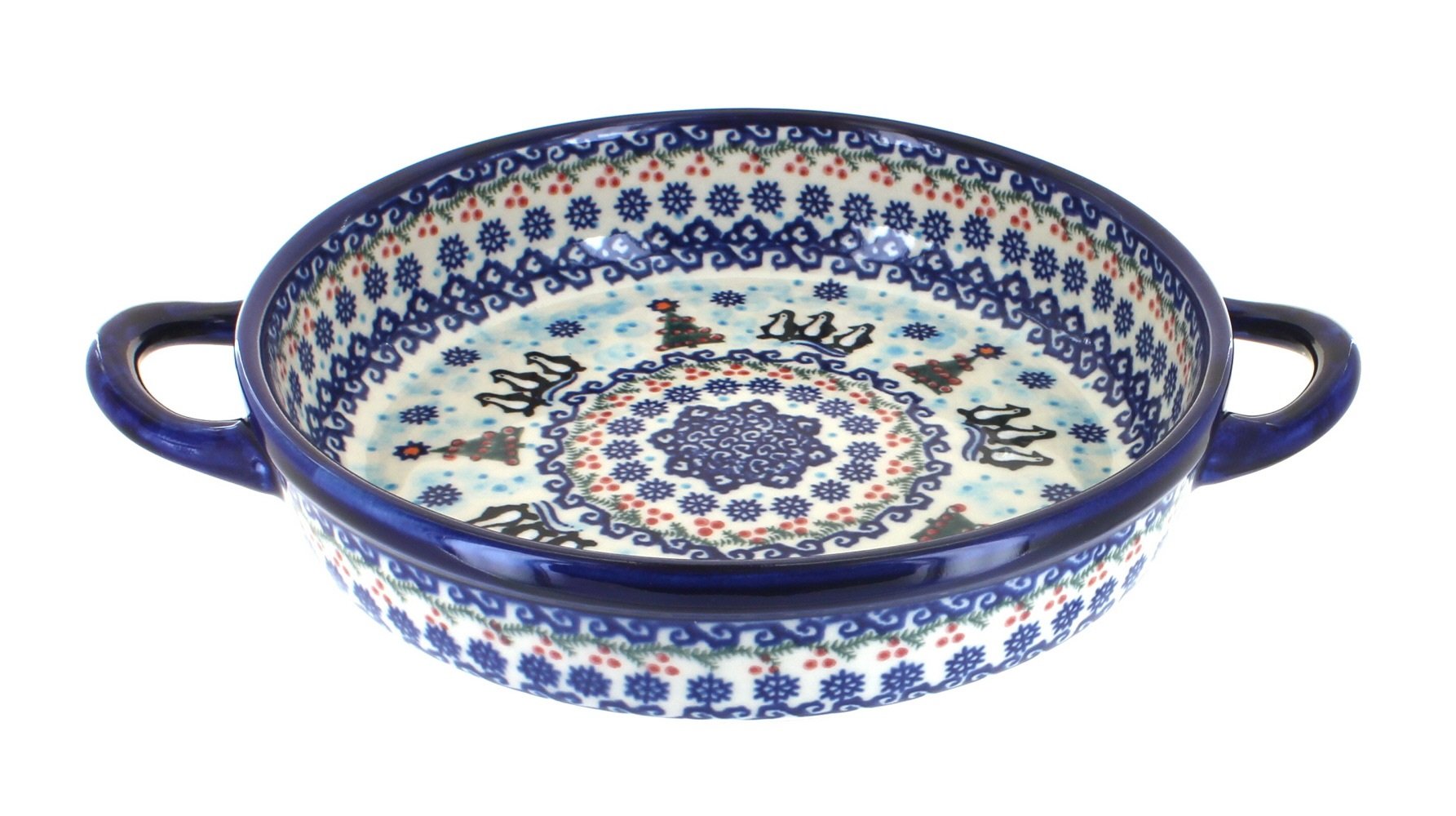 Handmade Blue Rose Polish Pottery Round Baker with Handles - Perfect for Holiday Baking, Casseroles & Serving Dishes | Microwave & Oven Safe Stoneware for Christmas, Thanksgiving & Family Gatherings