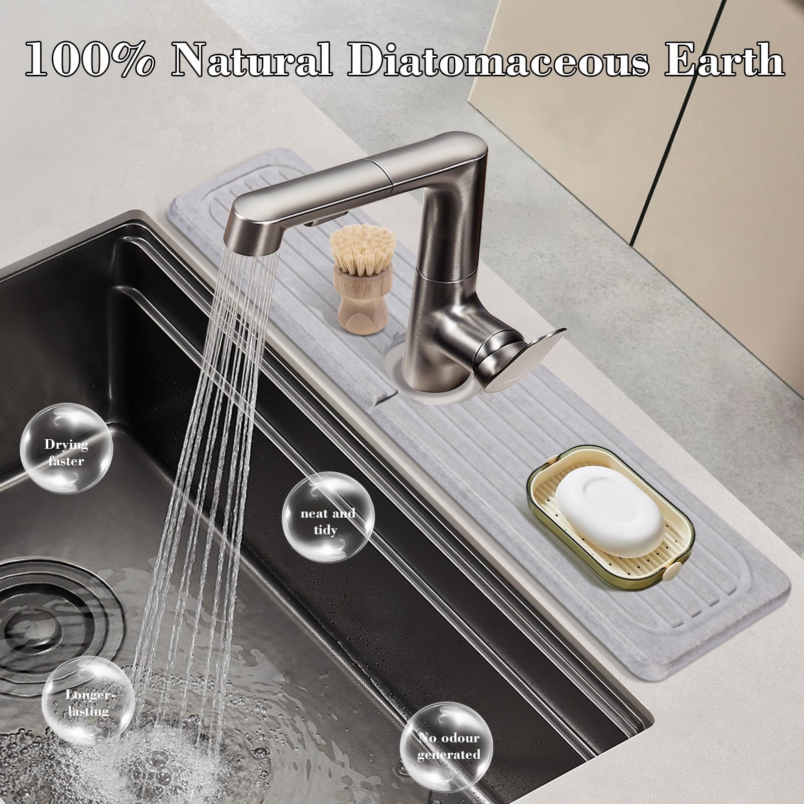 Premium Diatomite Stone Faucet Mat for Kitchen & Bathroom Sink - 15.7x3.9 Inch Quick Dry Non-Slip Counter Mat - Prevents Moisture & Water Spills - Perfect for Dishwashing, Handwashing & Countertop Protection (Gray)
