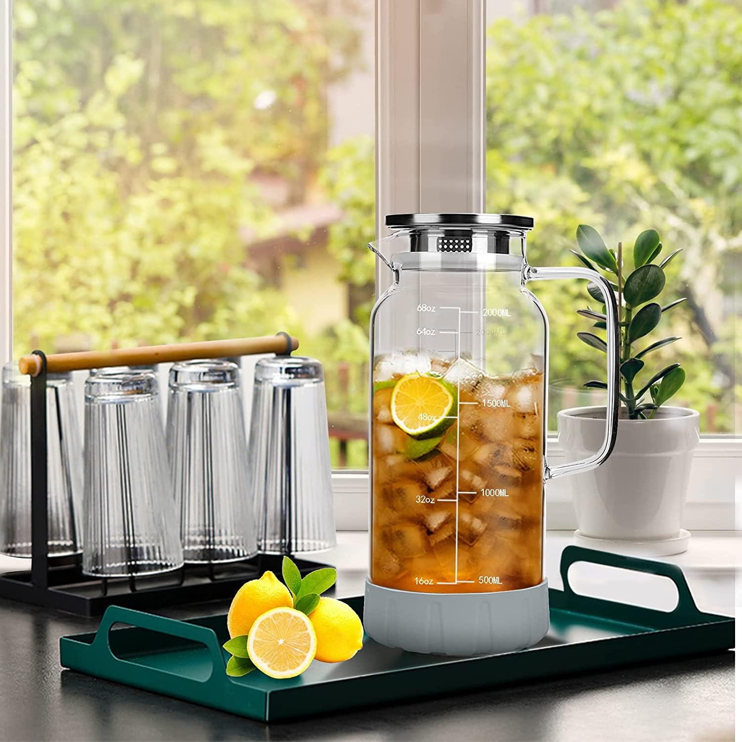 68oz/2000ml Glass Pitcher with Lid & Measurement Markings - Large Tea & Water Jug with Non-Slip Coaster - Perfect for Iced Tea, Lemonade, Infused Water & Kitchen Serving