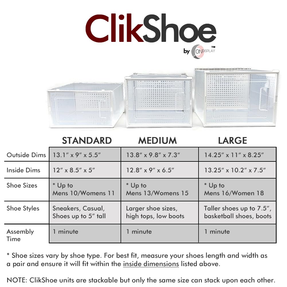 OnDisplay Clik Stackable Interlocking Shoe Box System - Standard White/White (Single Box) | Space-Saving Shoe Storage for Closet & Entryway Organization