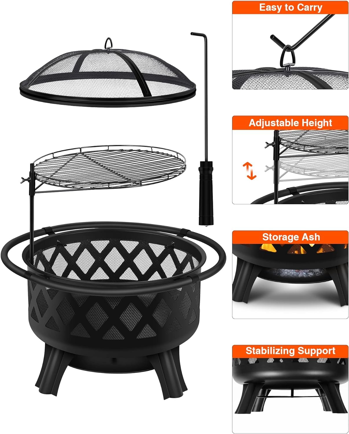 GARVEE 30-Inch Wood Burning Fire Pit with Grill & Spark Screen - Outdoor Backyard Camping, Patio, Garden, BBQ Cooking & Bonfire Nights