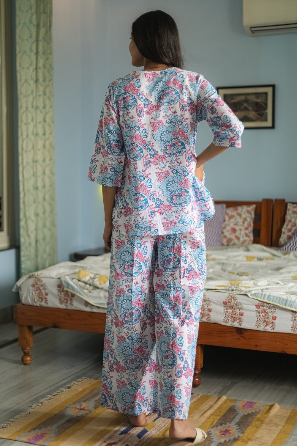 Floral Fusion Handblock Printed Pure Cotton Night Suit for Women | Soft & Breathable Sleepwear | Perfect for Home, Lounge & Travel