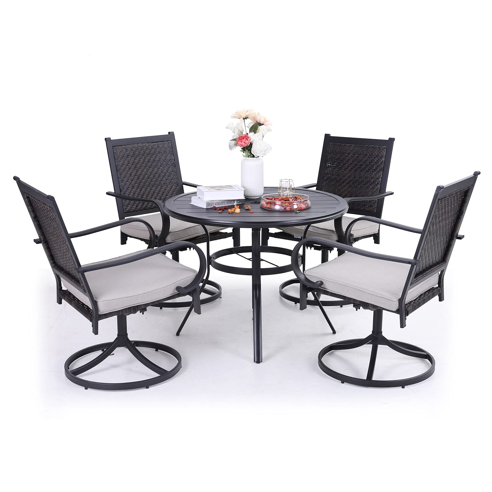 Sophia & William 5-Piece Outdoor Patio Dining Set - Wicker Rattan Furniture with Cushioned Chairs & Round Metal Umbrella Table for Garden, Backyard, Lawn (Perfect for Outdoor Entertaining & Al Fresco Dining)