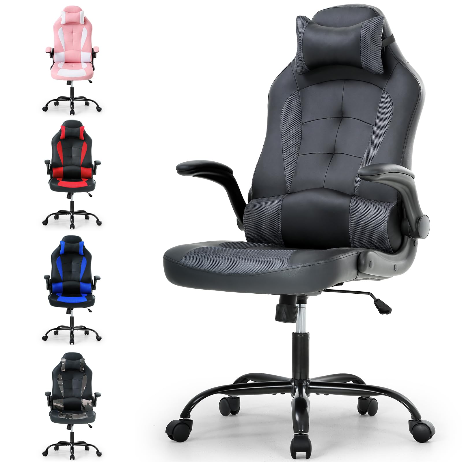 Premium Ergonomic Gaming Chair - Adjustable Office Desk Chair with Lumbar Support & Headrest - Modern Executive Leather Computer Chair - Rolling Swivel Task Chair for Home Office & Gaming Setup - Grey